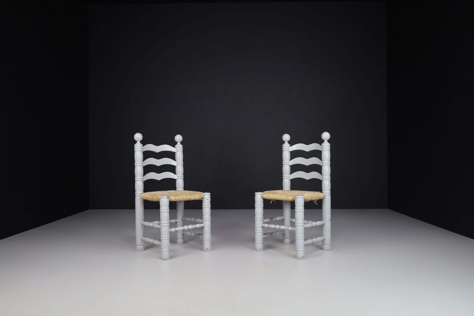 photo for sale Set Of 12 Painted Oak And Rush Turned Chairs By Charles Dudouyt, France 1940