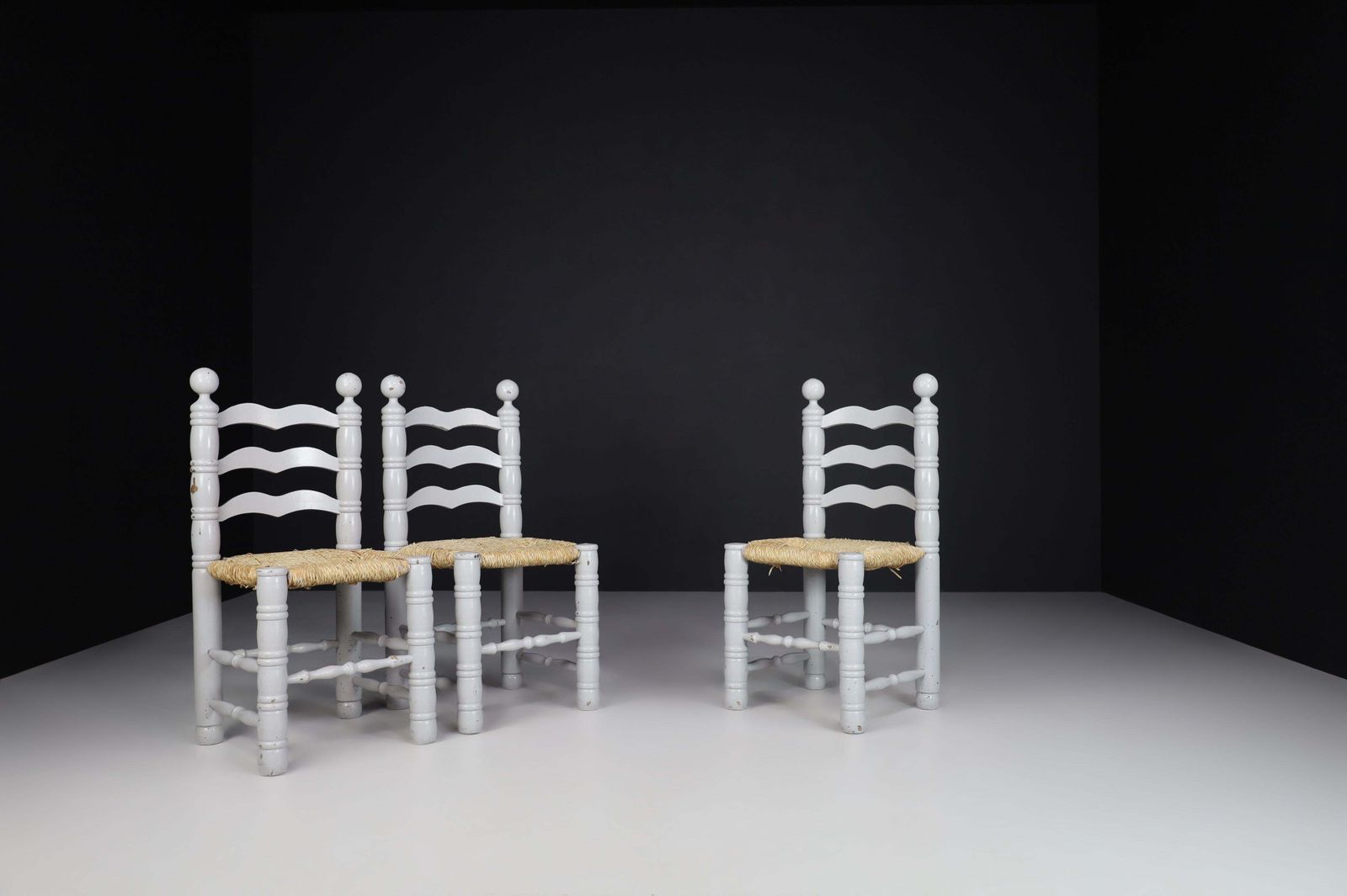 Furniture Set Of 12 Painted Oak And Rush Turned Chairs By Charles Dudouyt, France 1940 photo
