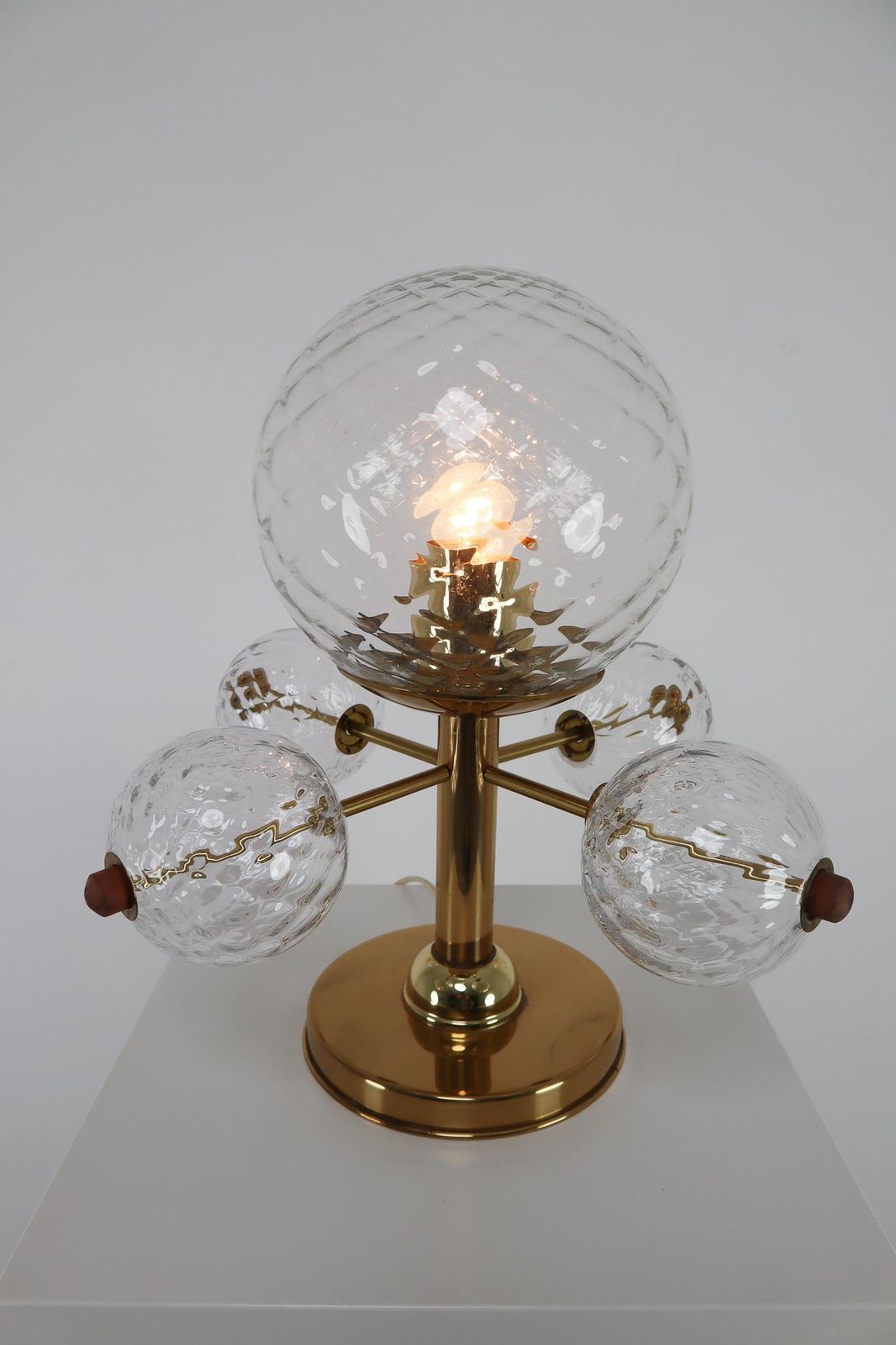 Midcentury Table Lamp With Brass Fixture And Structured Glass, Europe, 1970s photo furniture