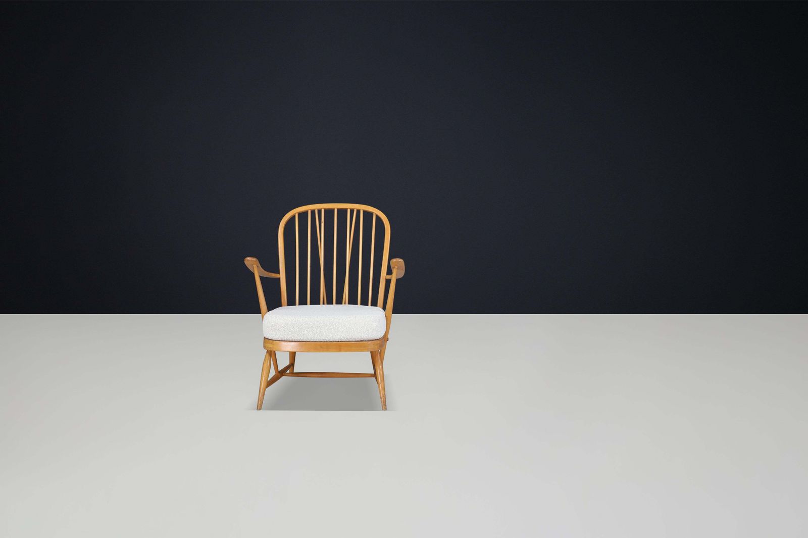 photo furniture 1960s Ercol Windsor Lounge Chair In Blonde Beech & Elm With New Bouclé Fabric