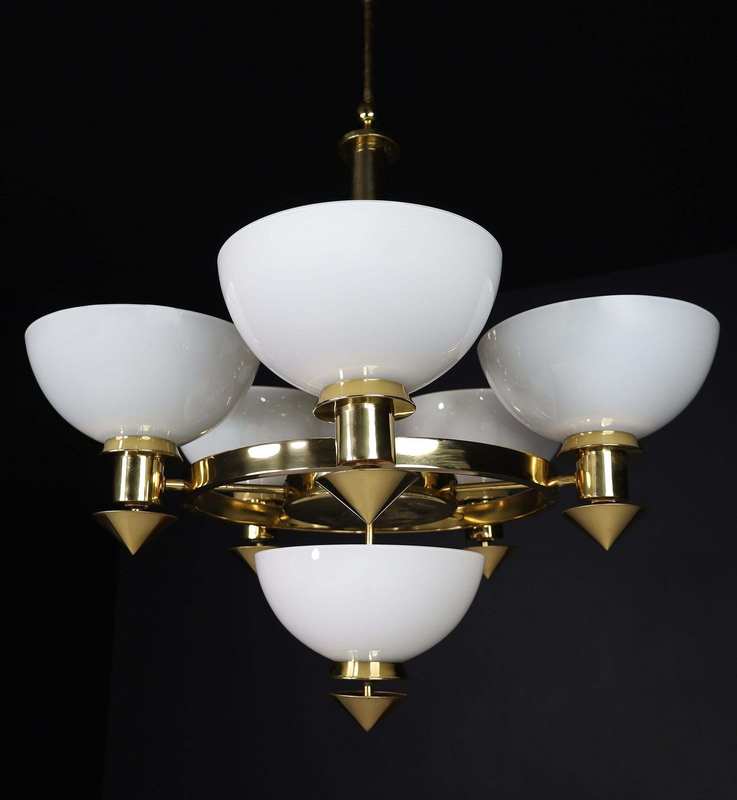 photo for sale Sculptural Italian Chandelier In Brass & White Opaline Glass, 1970s 12 Available