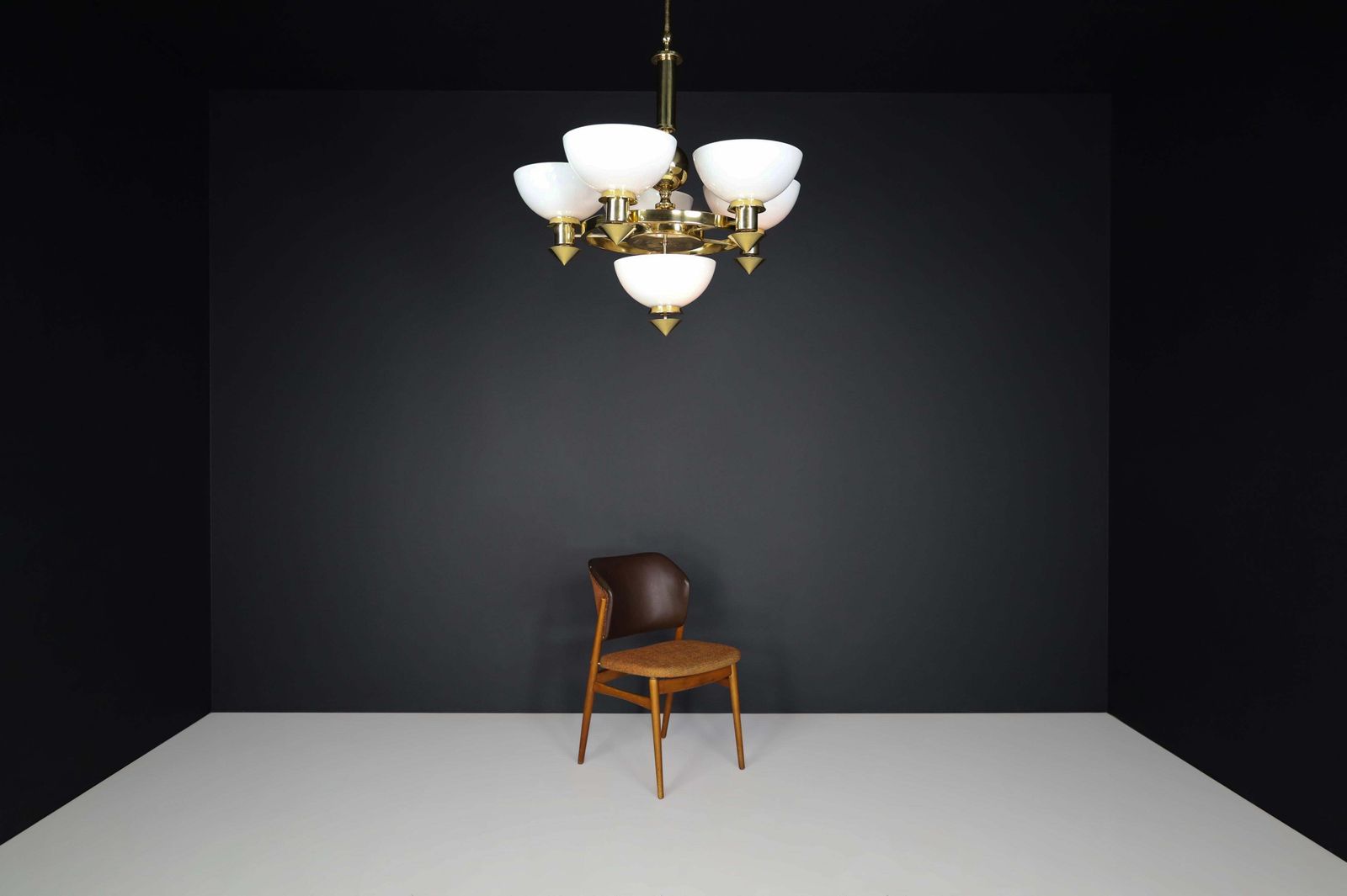 Lighting Sculptural Italian Chandelier In Brass & White Opaline Glass, 1970s 12 Available photo