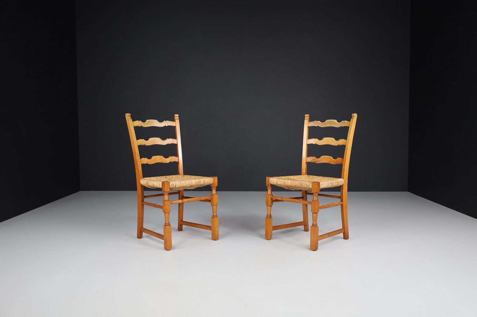 Pair Of French Provincial Oak And Rush Chairs, France, 1960s photo furniture