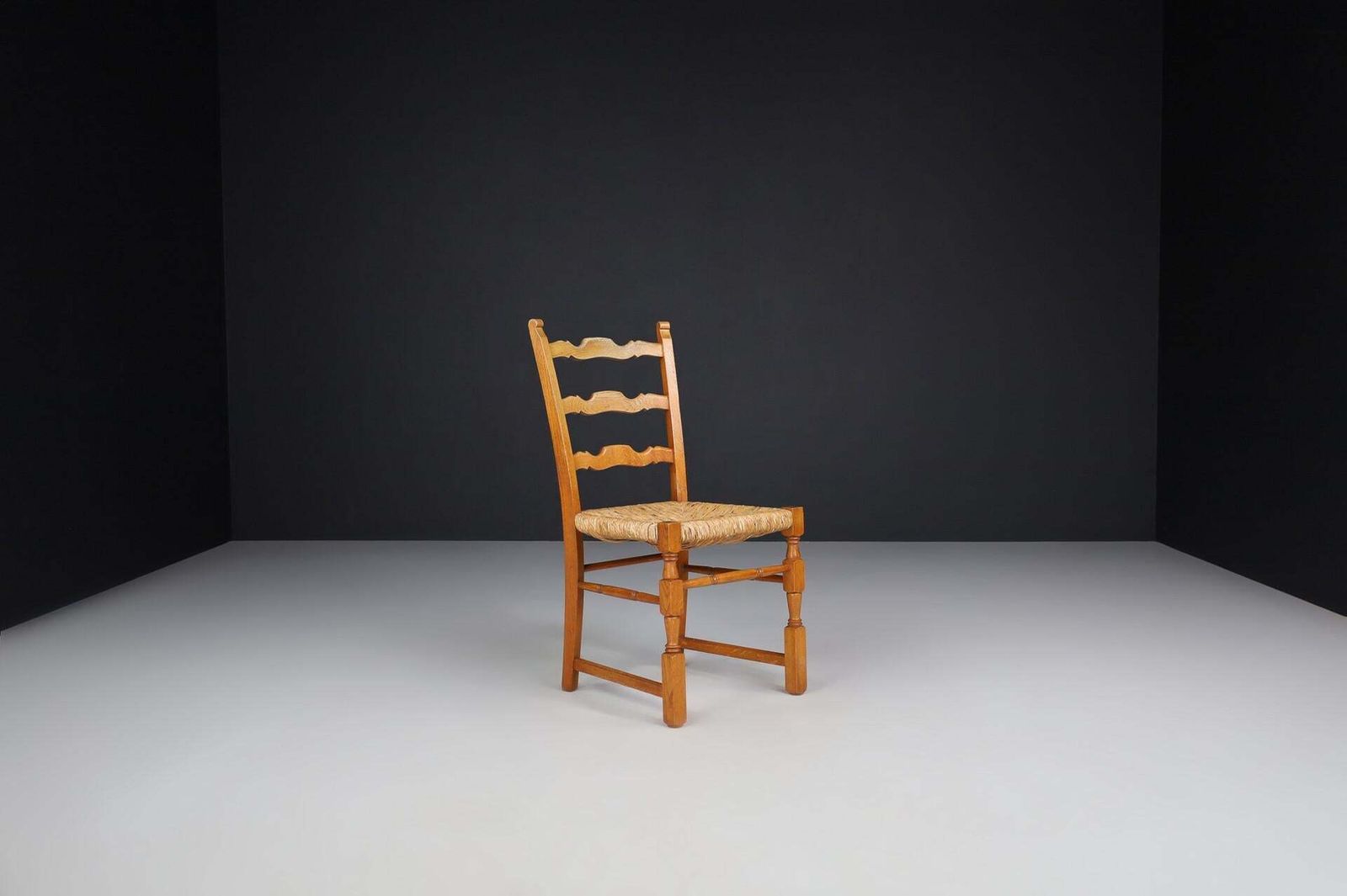 photo for sale Pair Of French Provincial Oak And Rush Chairs, France, 1960s