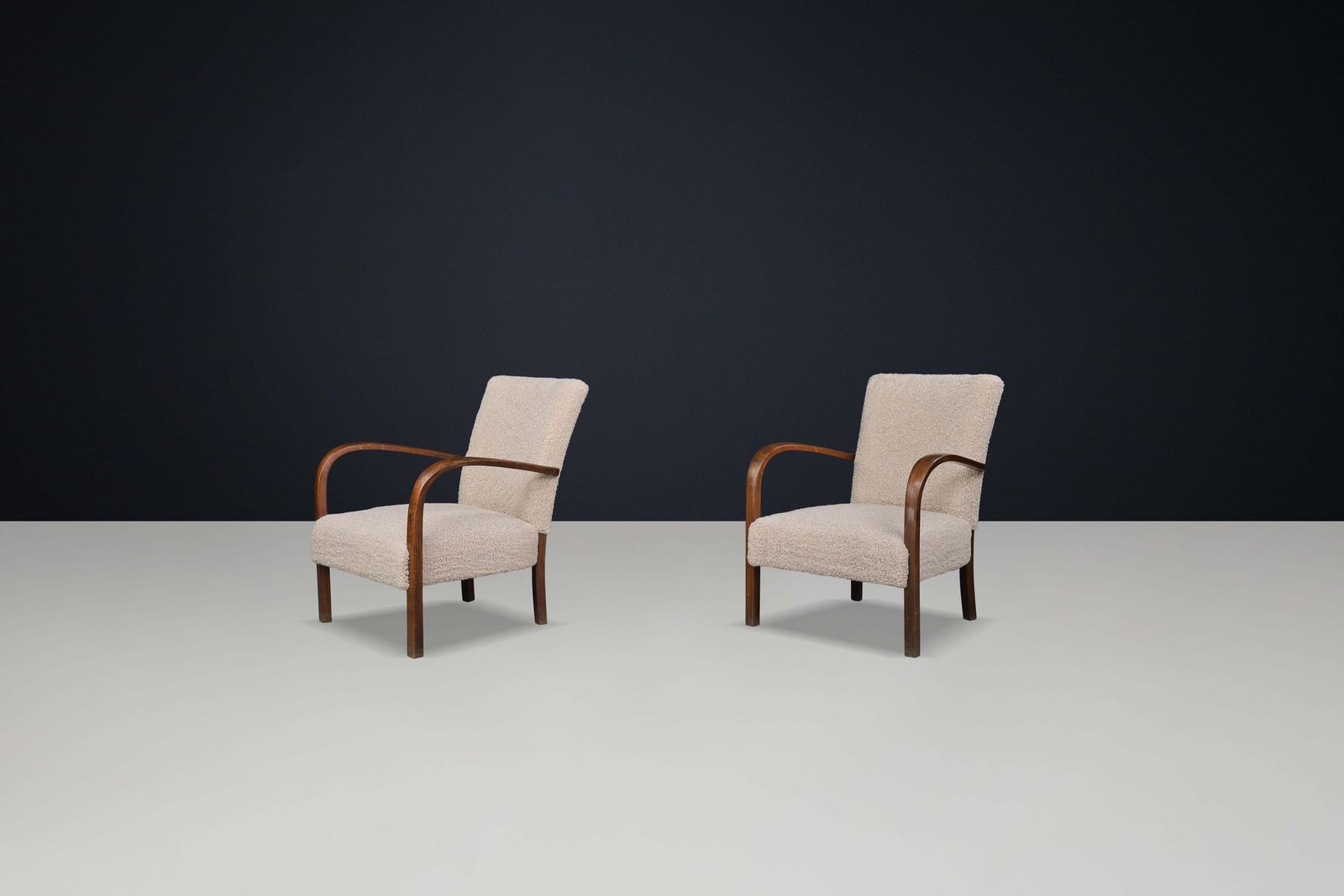 Pair Of Art Deco Armchairs In Walnut And Teddy Upholstery, Czech Republic, 1930s photo vinterior