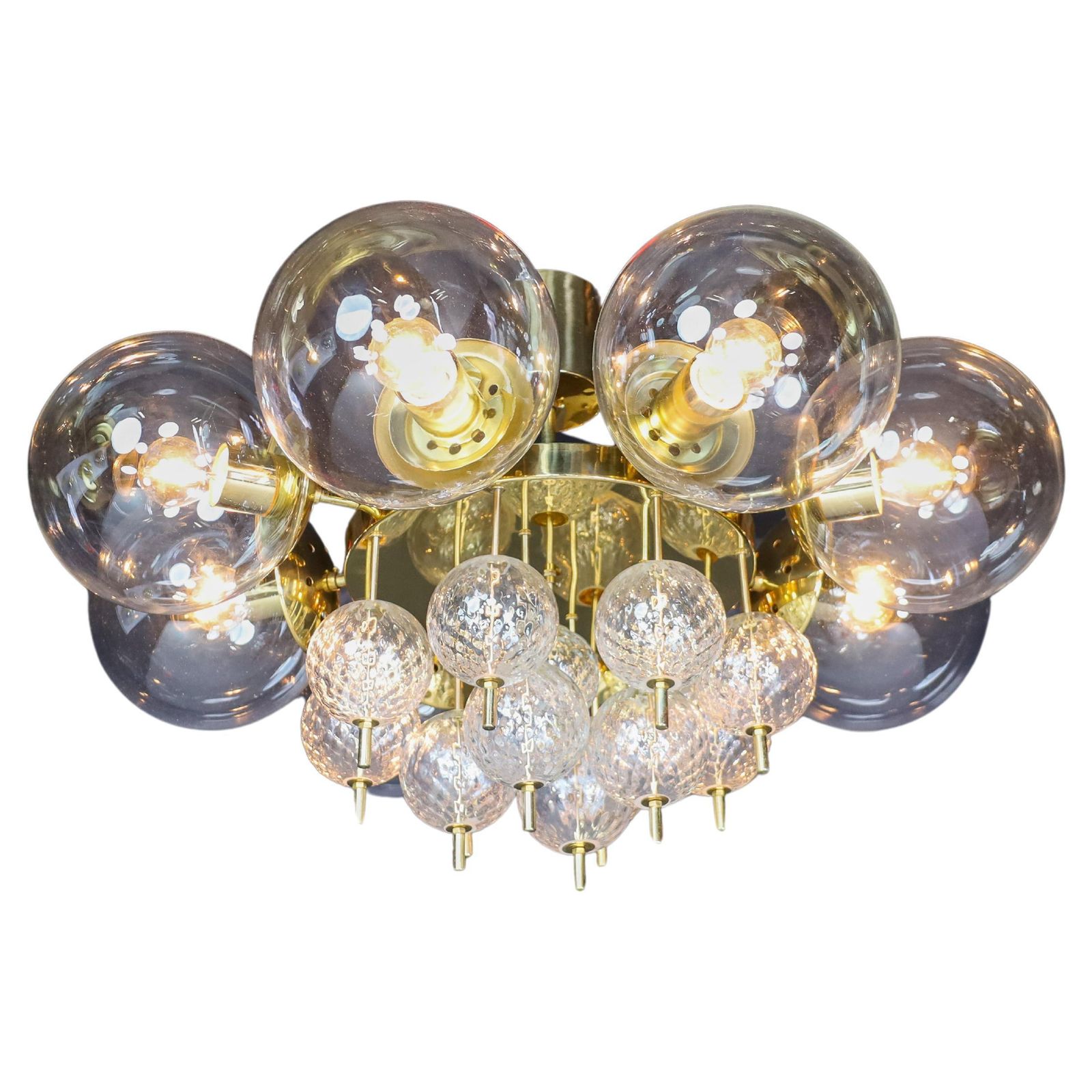 Large Mid Century Preciosa Chandelier Brass And Glass Globes Czechia 1960s