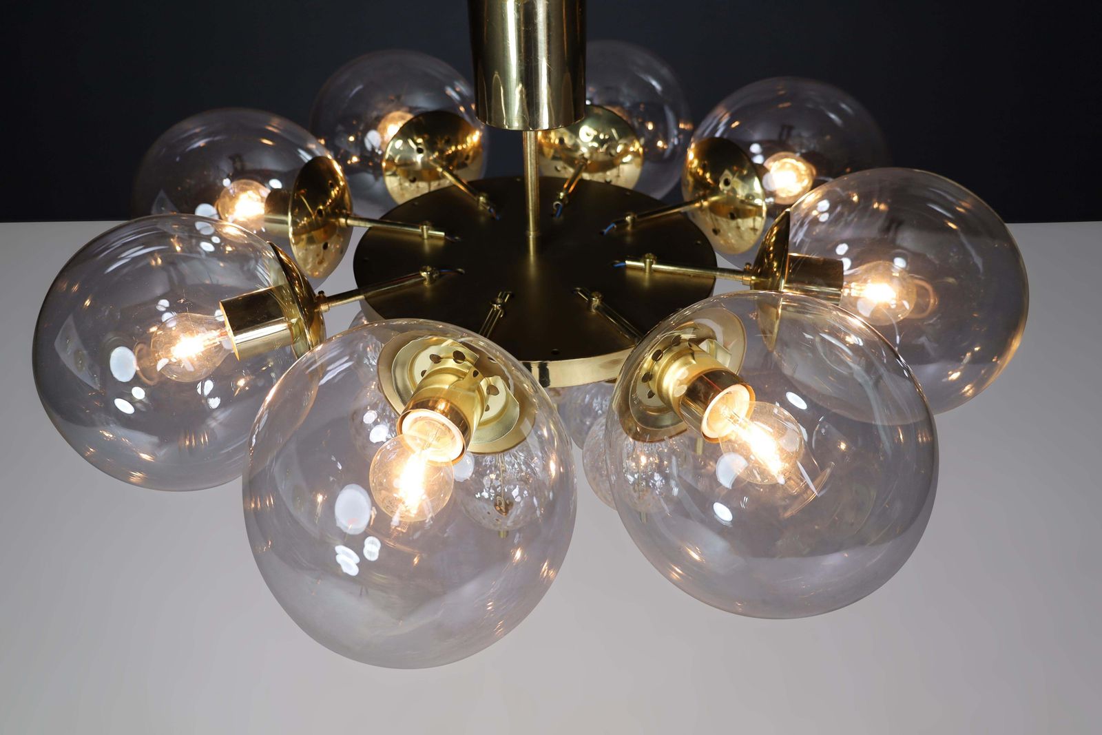 photo for sale Large Mid Century Preciosa Chandelier Brass And Glass Globes Czechia 1960s