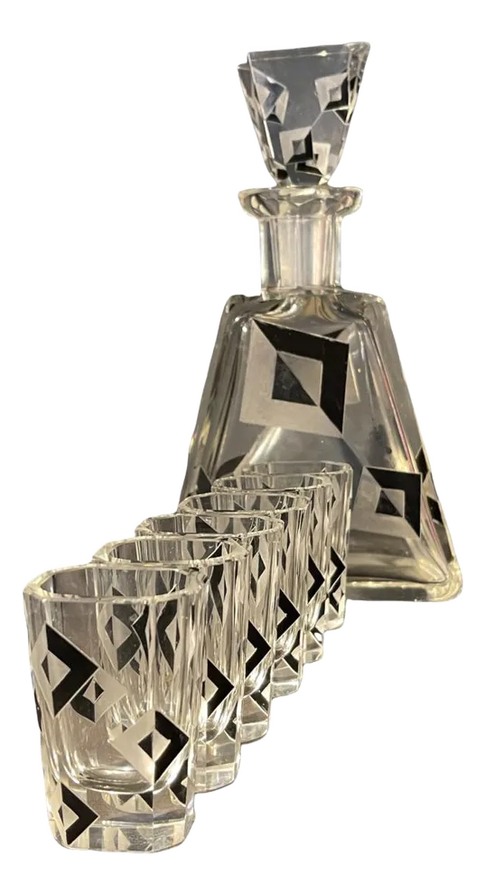 Art Deco Cubist Crystal Liqueur Service By Karl Palda, 1930s, Set Of 8