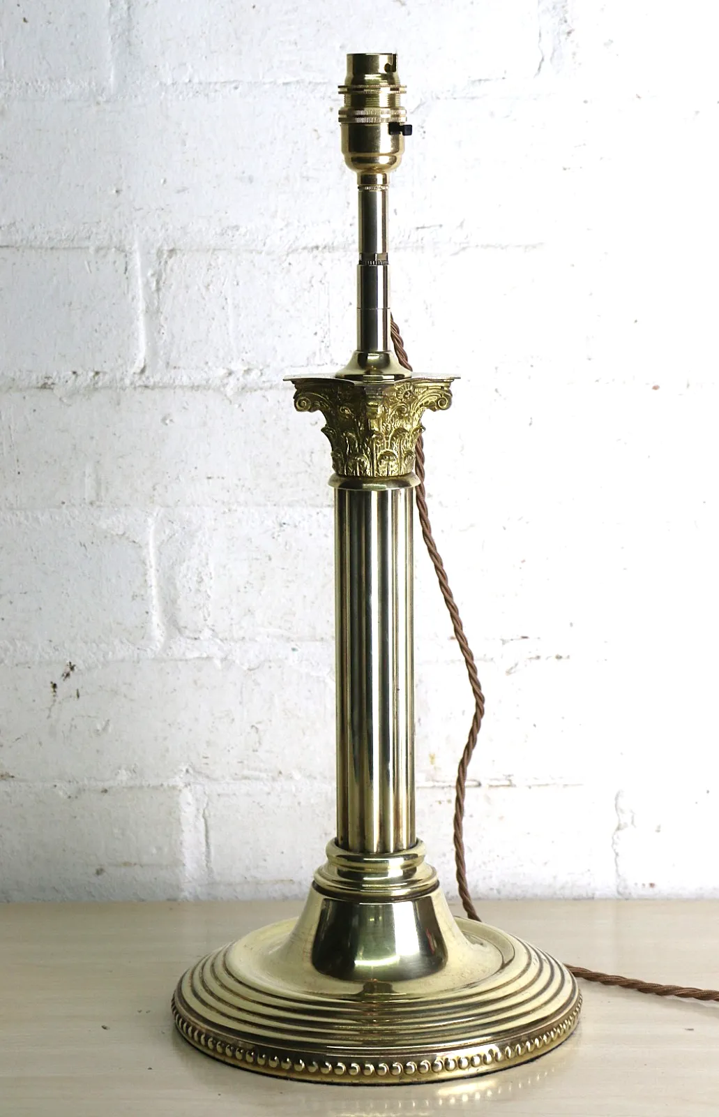 Table Lamp Corinthian Column Early 20th C. Brass Oil Lamp Conversion Round Base