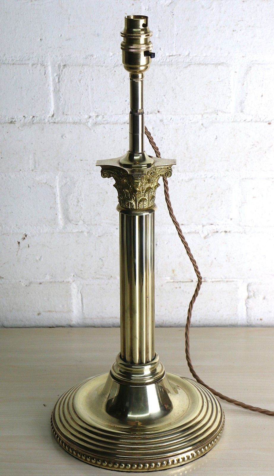 Table Lamp Corinthian Column Early 20th C. Brass Oil Lamp Conversion Round Base photo furniture