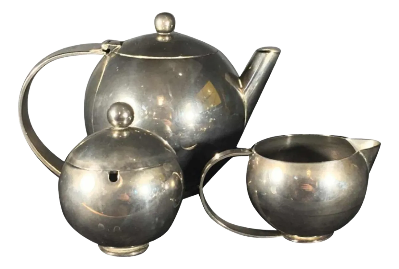 Art Deco Modernist Zilveren Metalen Thee  Of Koffieservies, Jaren 1940, Set Van 3