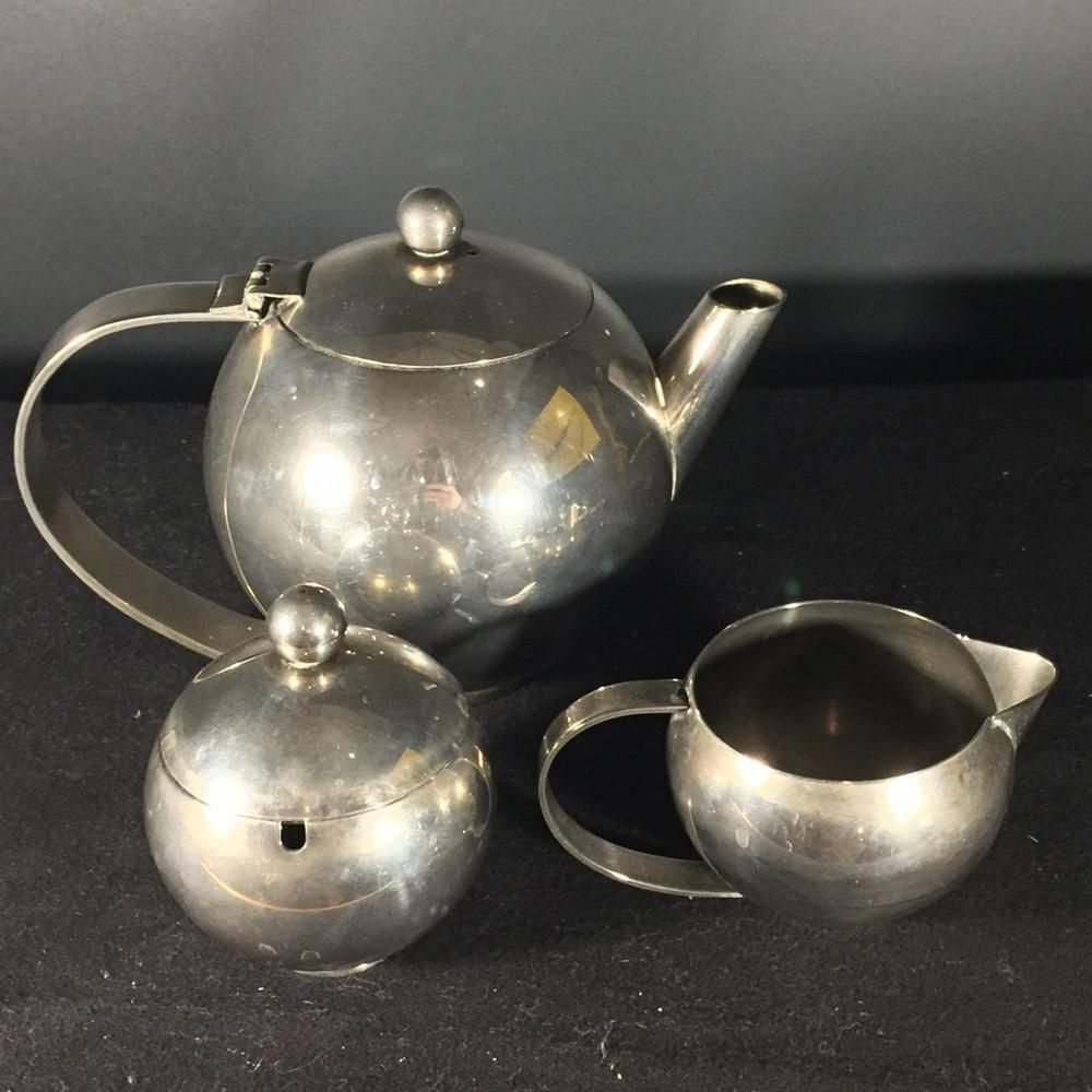 Art Deco Modernist Zilveren Metalen Thee  Of Koffieservies, Jaren 1940, Set Van 3 photo vintage