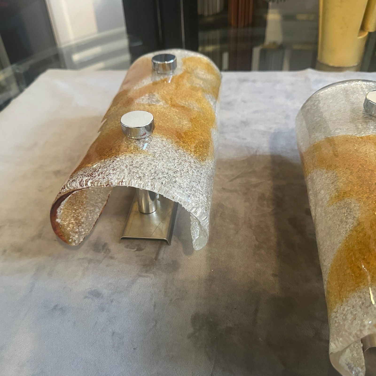 Two 1970s Space Age White And Brown Murano Glass And Steel Italian Wall Sconces photo vintage