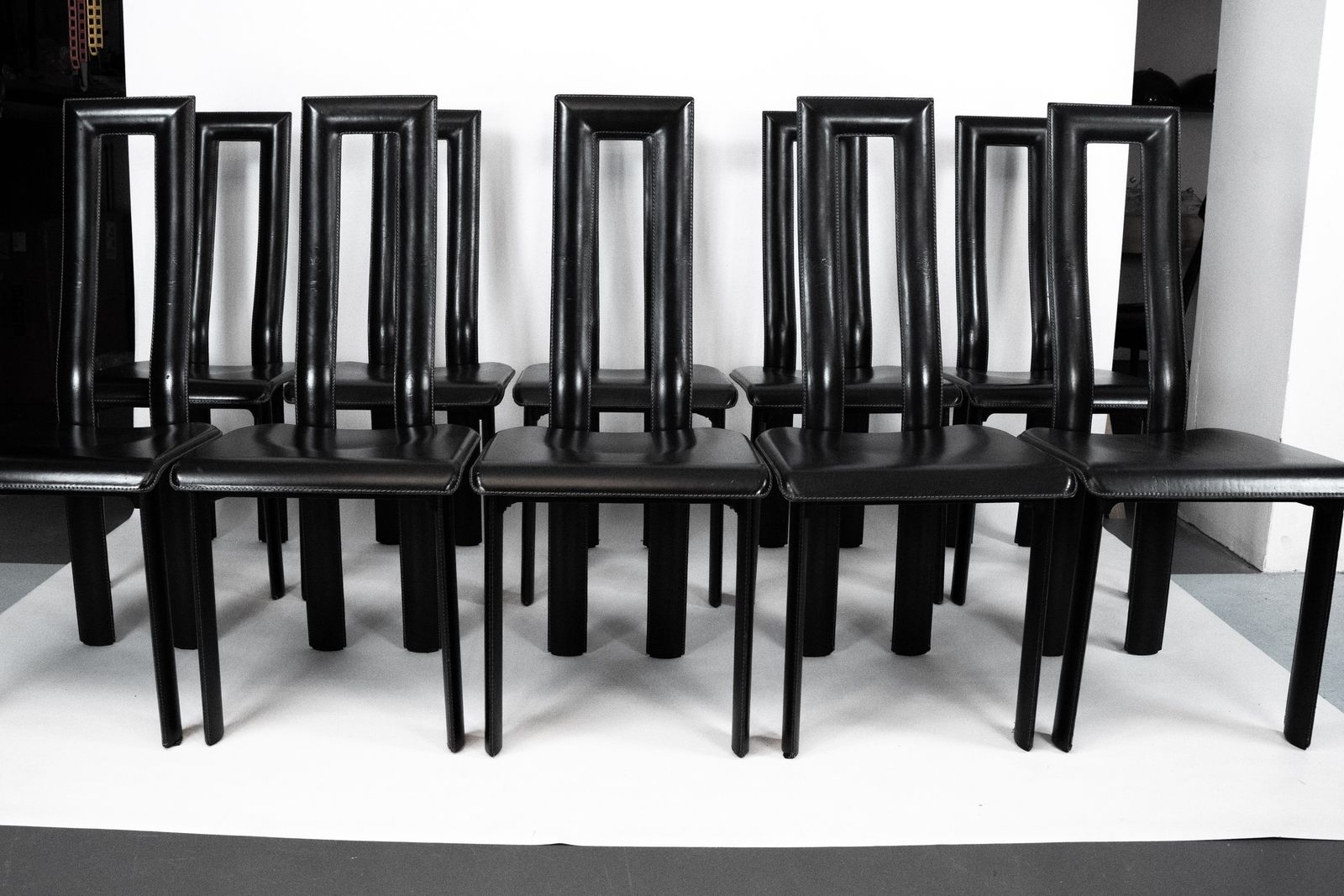 Postmodern Set Of Ten Leather Dining Chairs By Antonello Mosca For Ycami. Italy 1980s photo buy