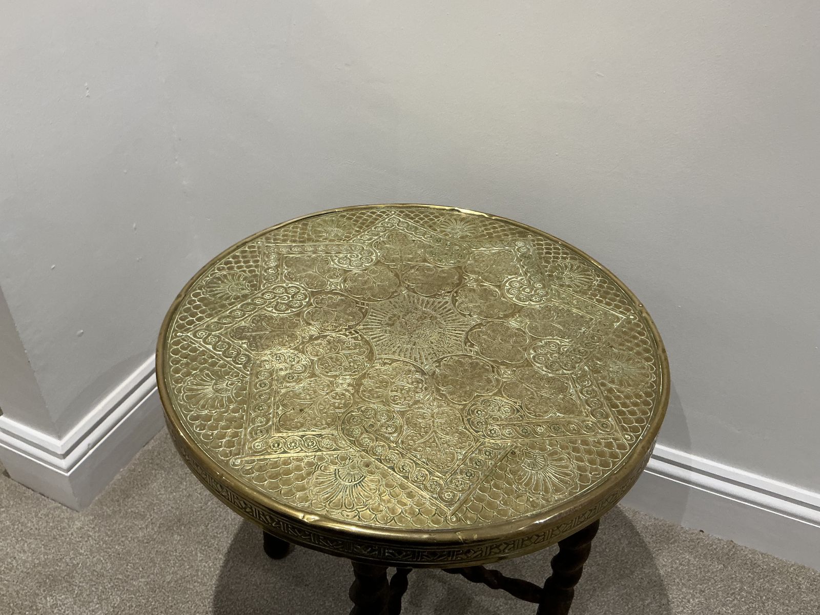 Vintage Anglo Indian Brass Table With Unusual Lion Motif And Folding Wooden Base photo for sale