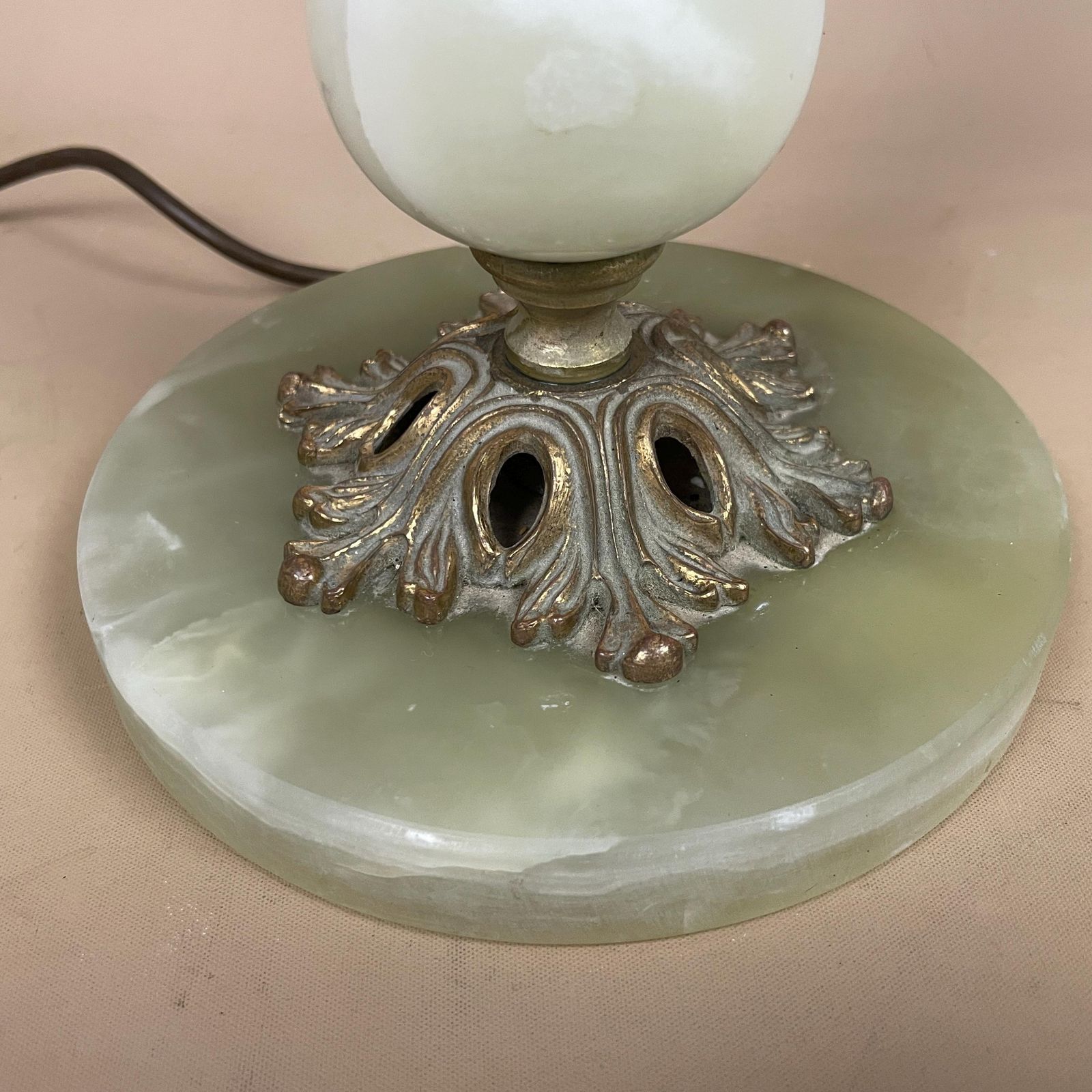 photo for sale Antique Vintage Marble Stone Lamp Green Light Table Bedside Desk Lamp Colours Natural Patterns Ornate Round Base Onyx Brass Metal Gold