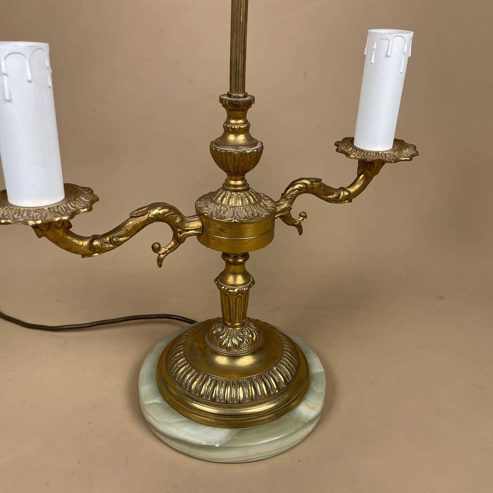 Antique Vintage Marble Stone Lamp Green Light Table Bedside Desk Lamp Natural Patterns Ornate Round Base Onyx Brass Metal Gold 2 Arms photo for sale