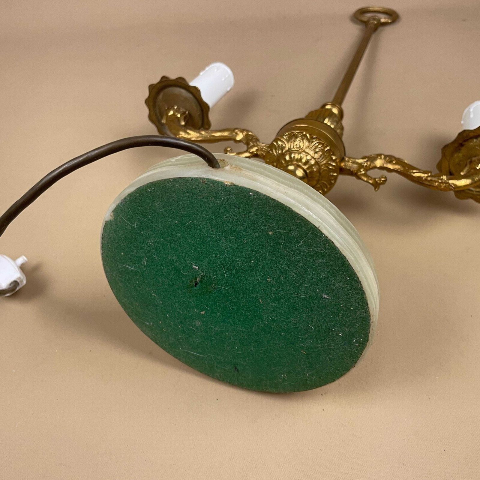 145.0 Antique Vintage Marble Stone Lamp Green Light Table Bedside Desk Lamp Natural Patterns Ornate Round Base Onyx Brass Metal Gold 2 Arms photo