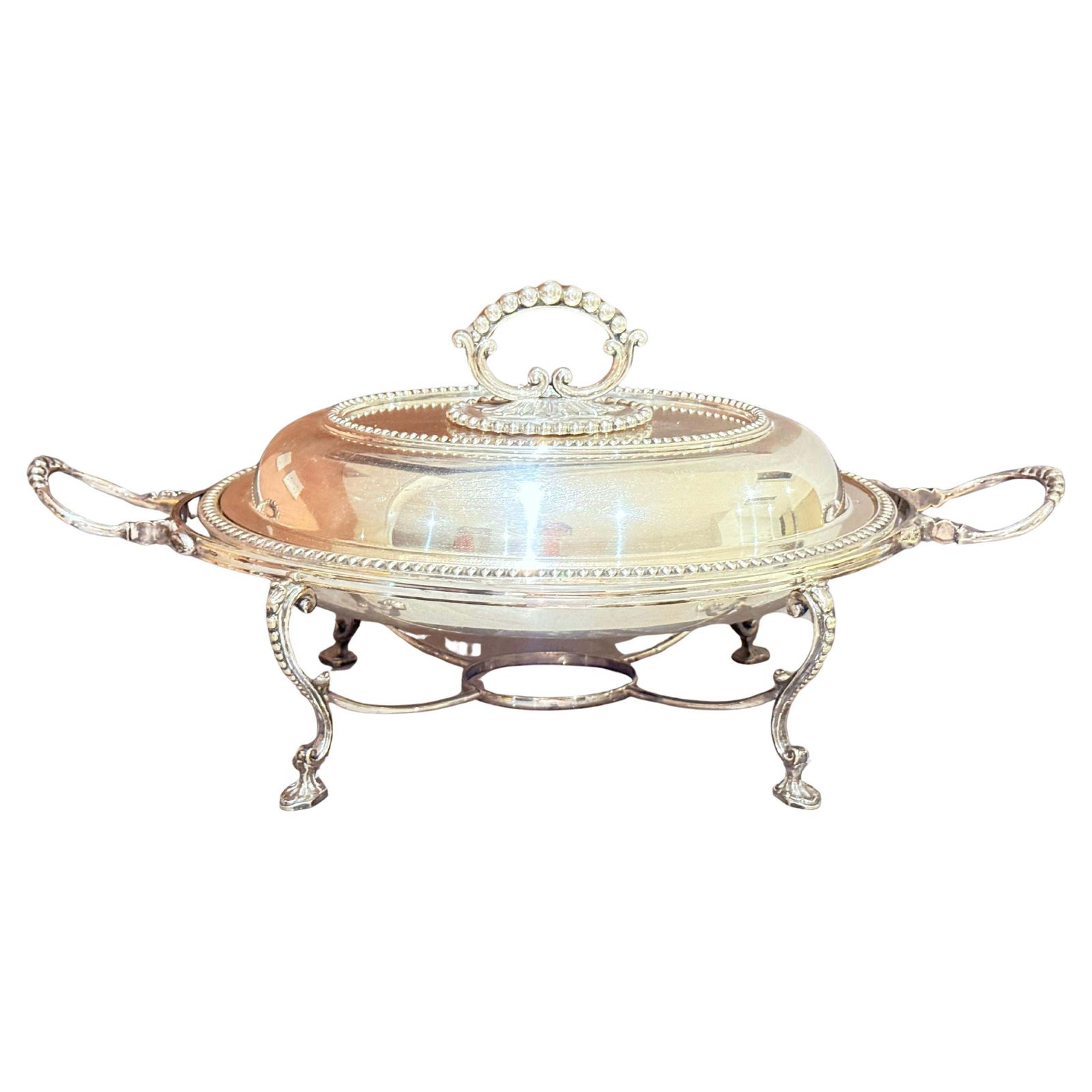Silver Plated Lidded Serving Dish On Stand, Antique English Neoclassical Luxury