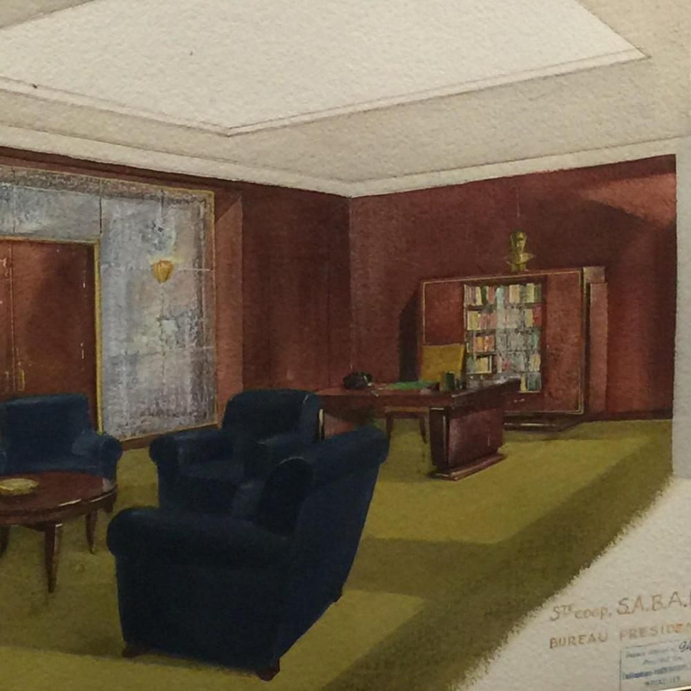 President's Office Of Sabam By The Vanderborght Establishments In Brussels, Watercolor, 1930s 1940s photo for sale