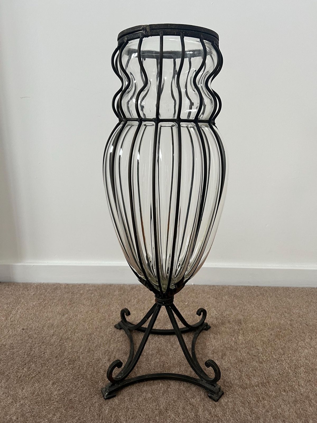 Art Deco Caged Glass Floor Vase, Wrought Iron Stand, C1930