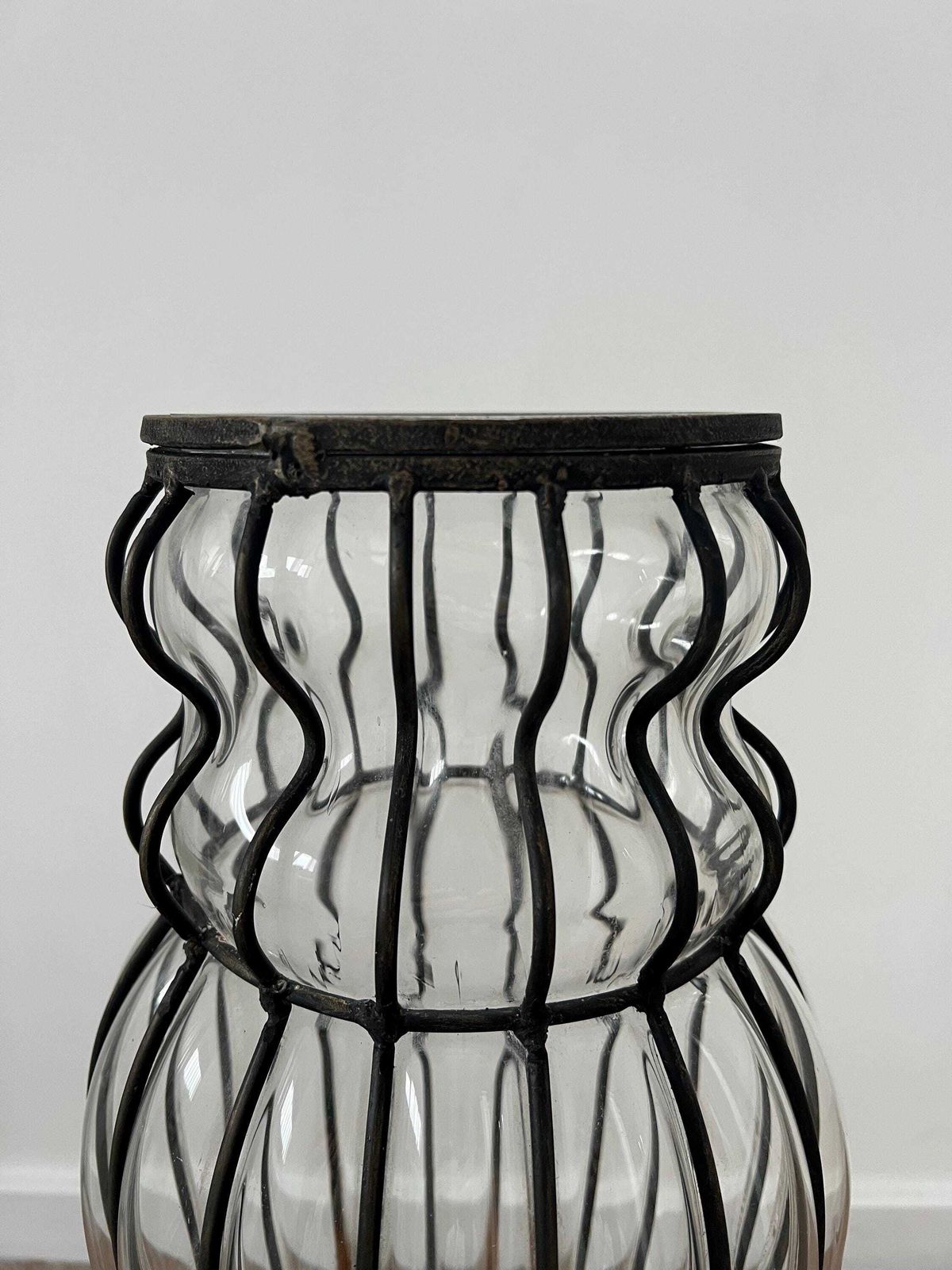 Art Deco Caged Glass Floor Vase, Wrought Iron Stand, C1930 photo furniture