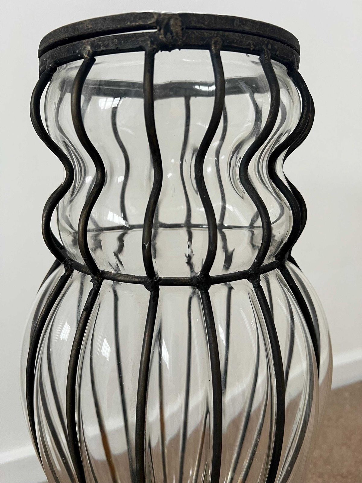 Art Deco Caged Glass Floor Vase, Wrought Iron Stand, C1930 photo for sale