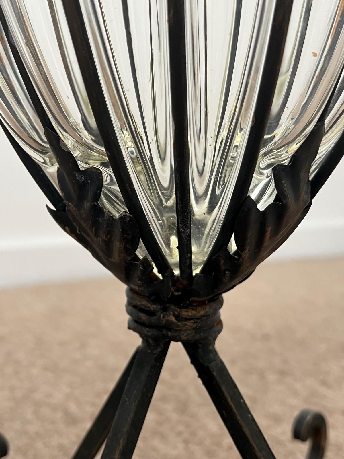 Art Deco Caged Glass Floor Vase, Wrought Iron Stand, C1930 photo vintage