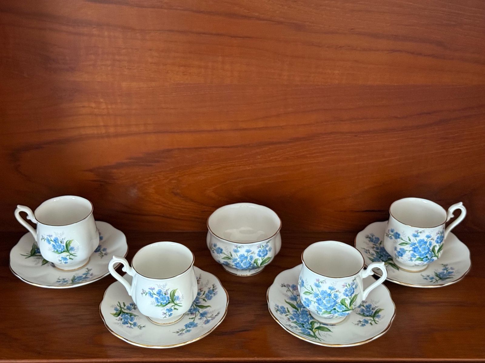 Royal Albert Forget Me Not Demitasse Set: Vintage Bone China Tea Cups & Sugar Bowl photo furniture