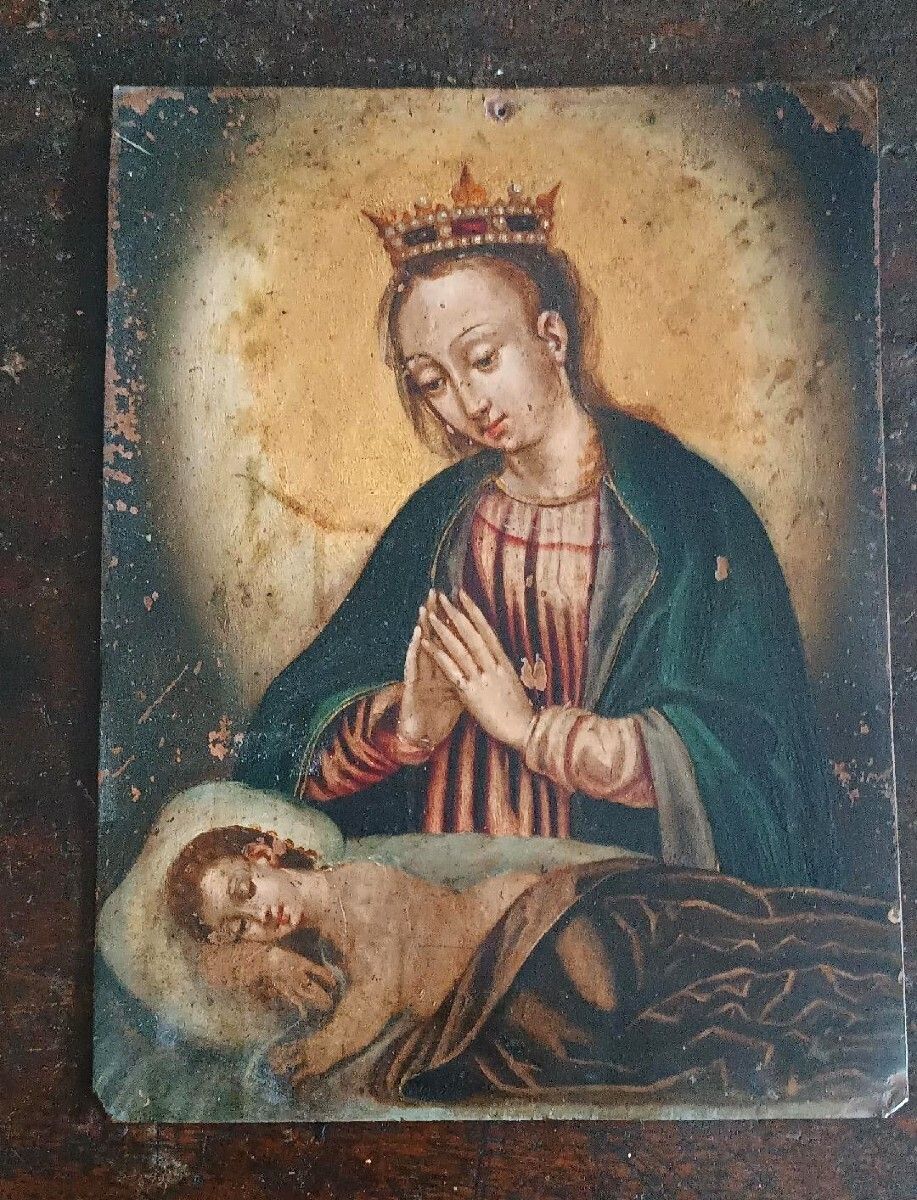 Antique Painting On Copper   17th/18th Century   Virgin And Child Asleep