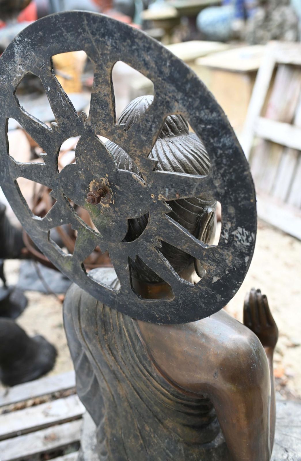 Vintage Big Nepalese Buddha Statue Meditation Pose Garden Casting Mandorla photo vinterior
