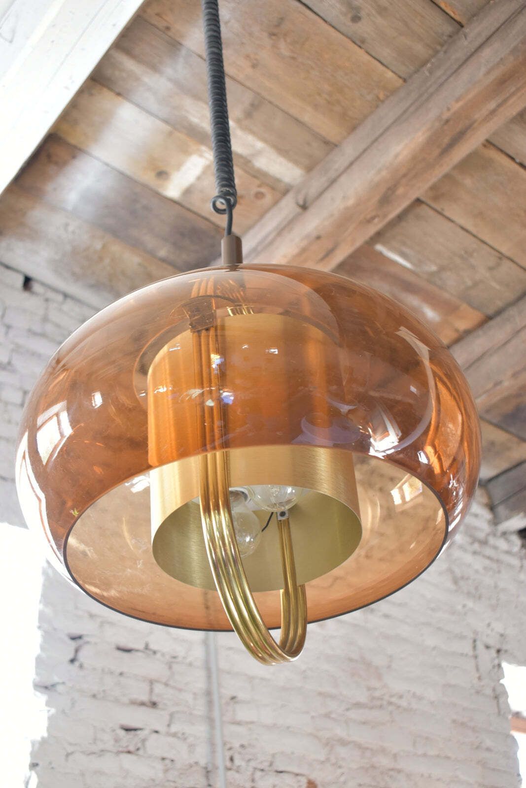 Brass And Smoked Glass Pendant Lamp By Temde, Germany 1970s photo buy