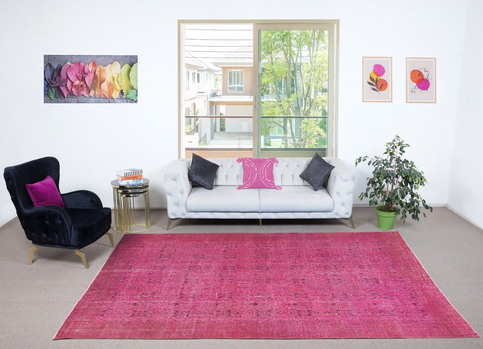 7.7x11.2 Ft Vintage Turkish Wool Area Rug Overdyed In Pink For Modern Interiors photo furniture