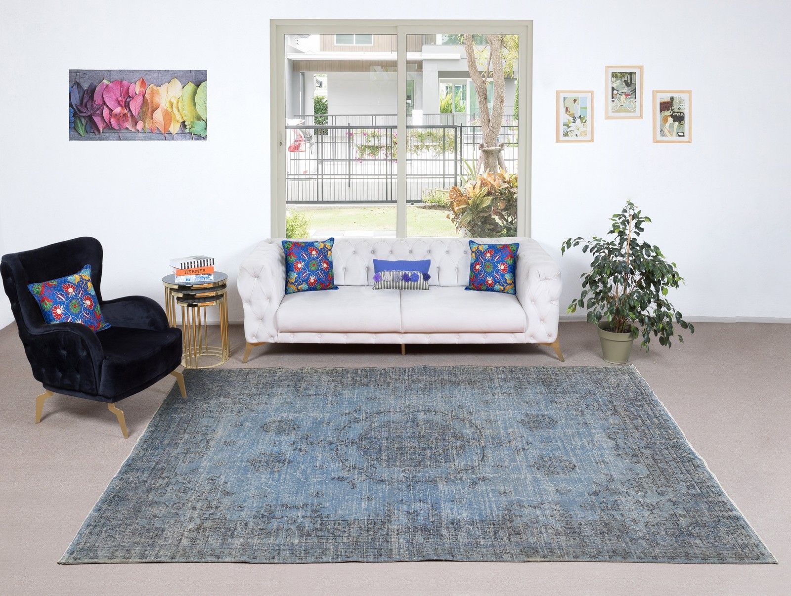 6.8x10.2 Ft Vintage Turkish Wool Area Rug Overdyed In Blue For Modern Interiors photo furniture