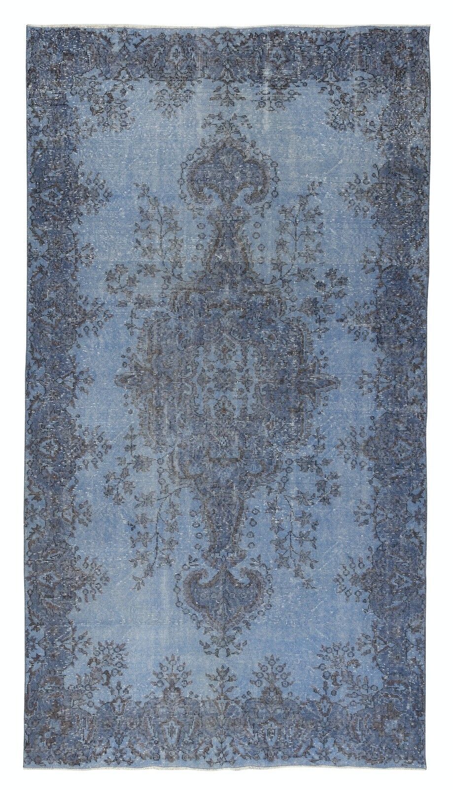 5.3x9.8 Ft Blue Overdyed Vintage Turkish Area Rug. Hand Knotted Wool Carpet