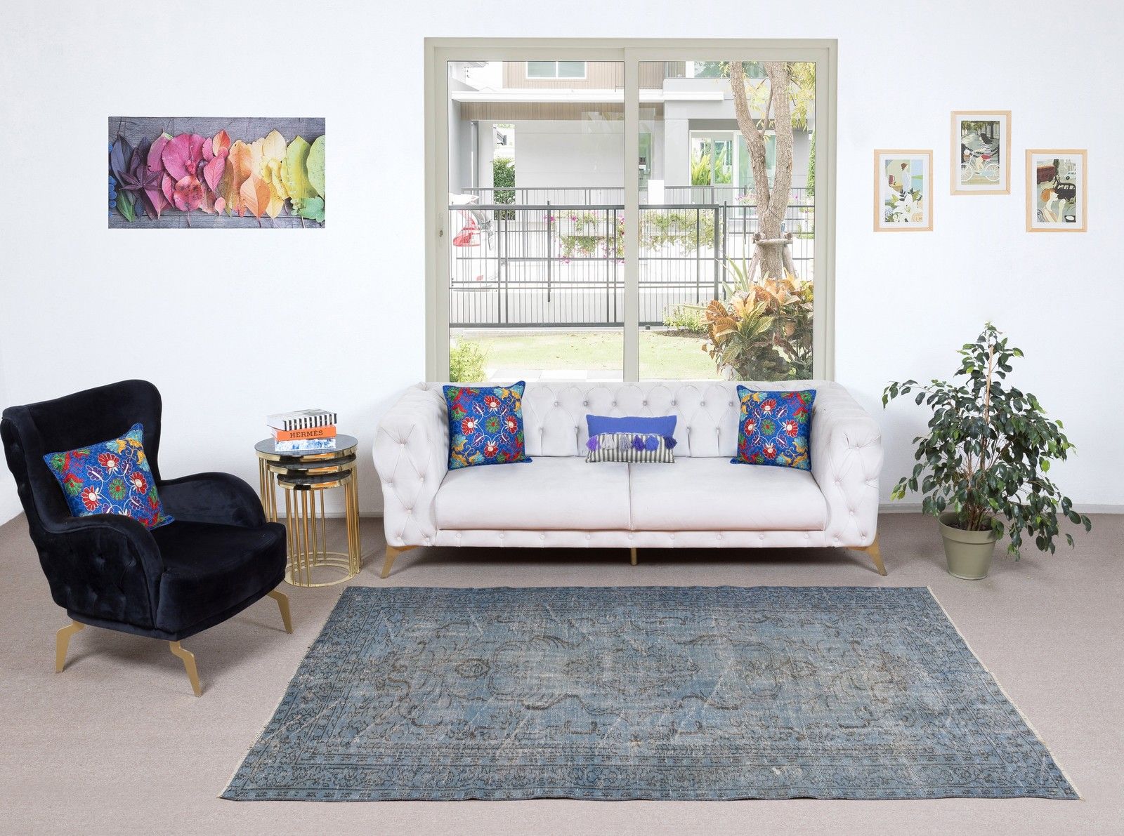 5x8.5 Ft Modern Blue Turkish Rug. Vintage Handmade Wool Area Rug photo furniture