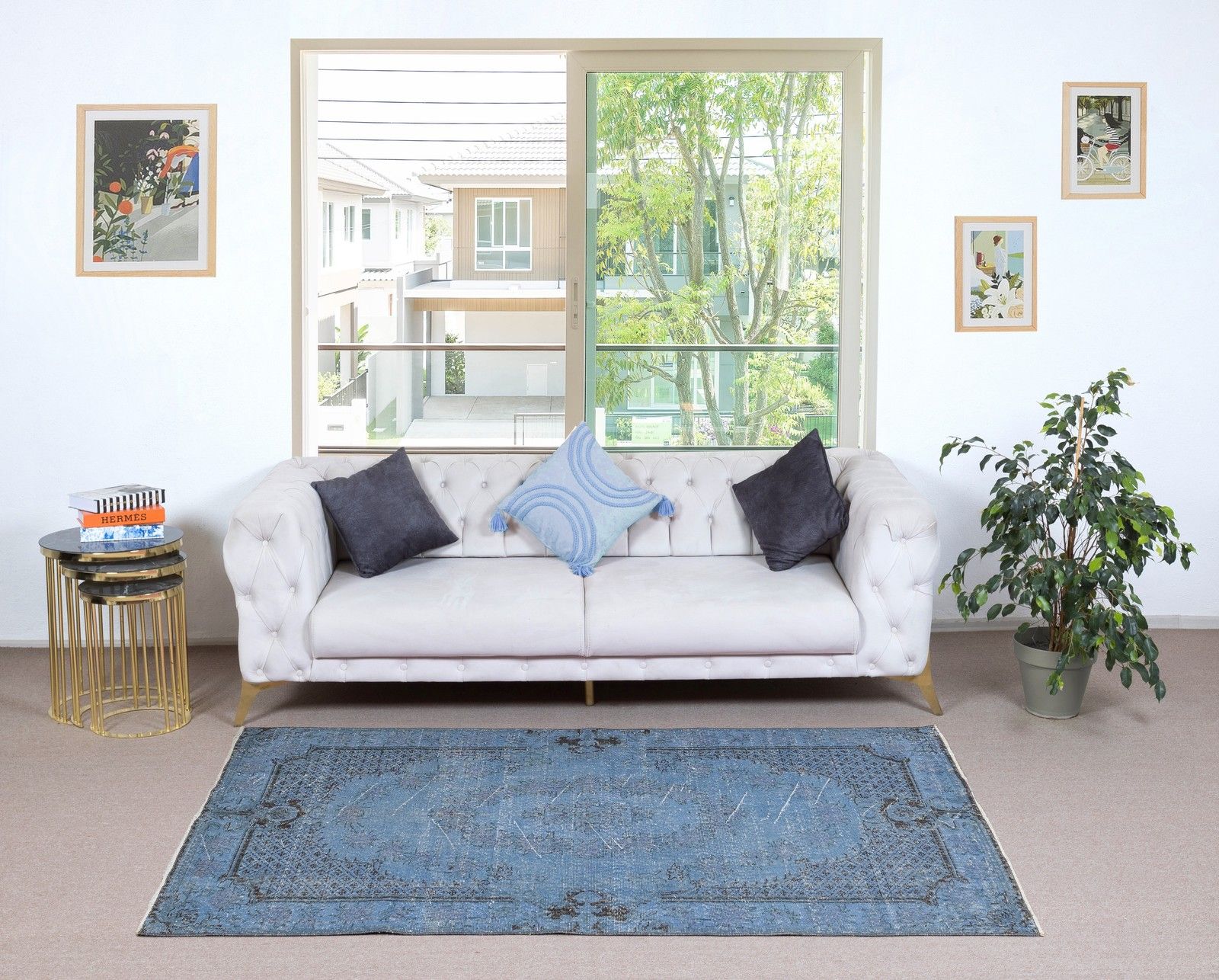3.7x7.3 Ft Vintage Turkish Rug Overdyed In Blue. Handmade Modern Living Room Rug photo furniture