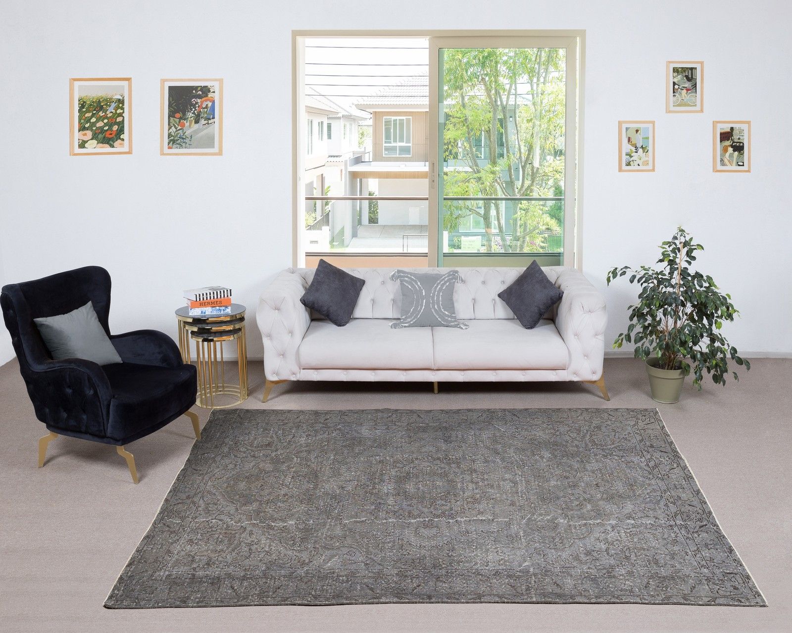 6.6x9 Ft Hand Knotted Vintage Gray Wool Rug. Modern Turkish Overdyed Rug photo furniture