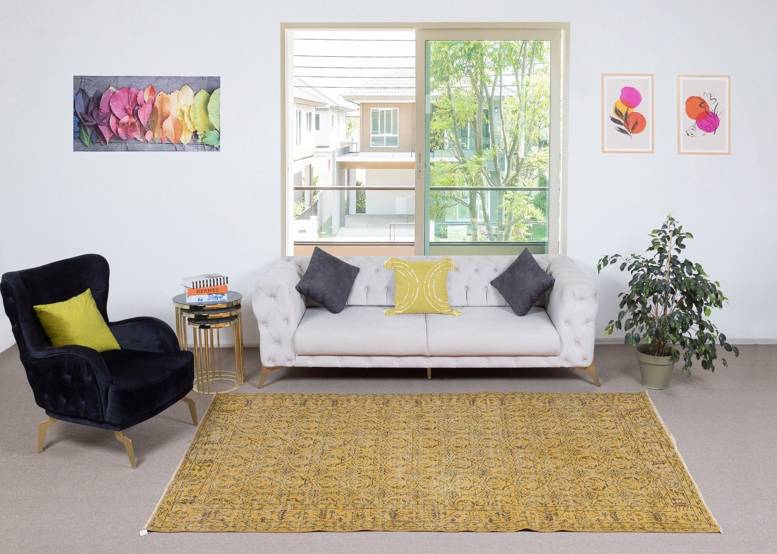 5x9.6 Ft Modern Yellow Turkish Rug. Vintage Handmade Wool Area Rug photo furniture