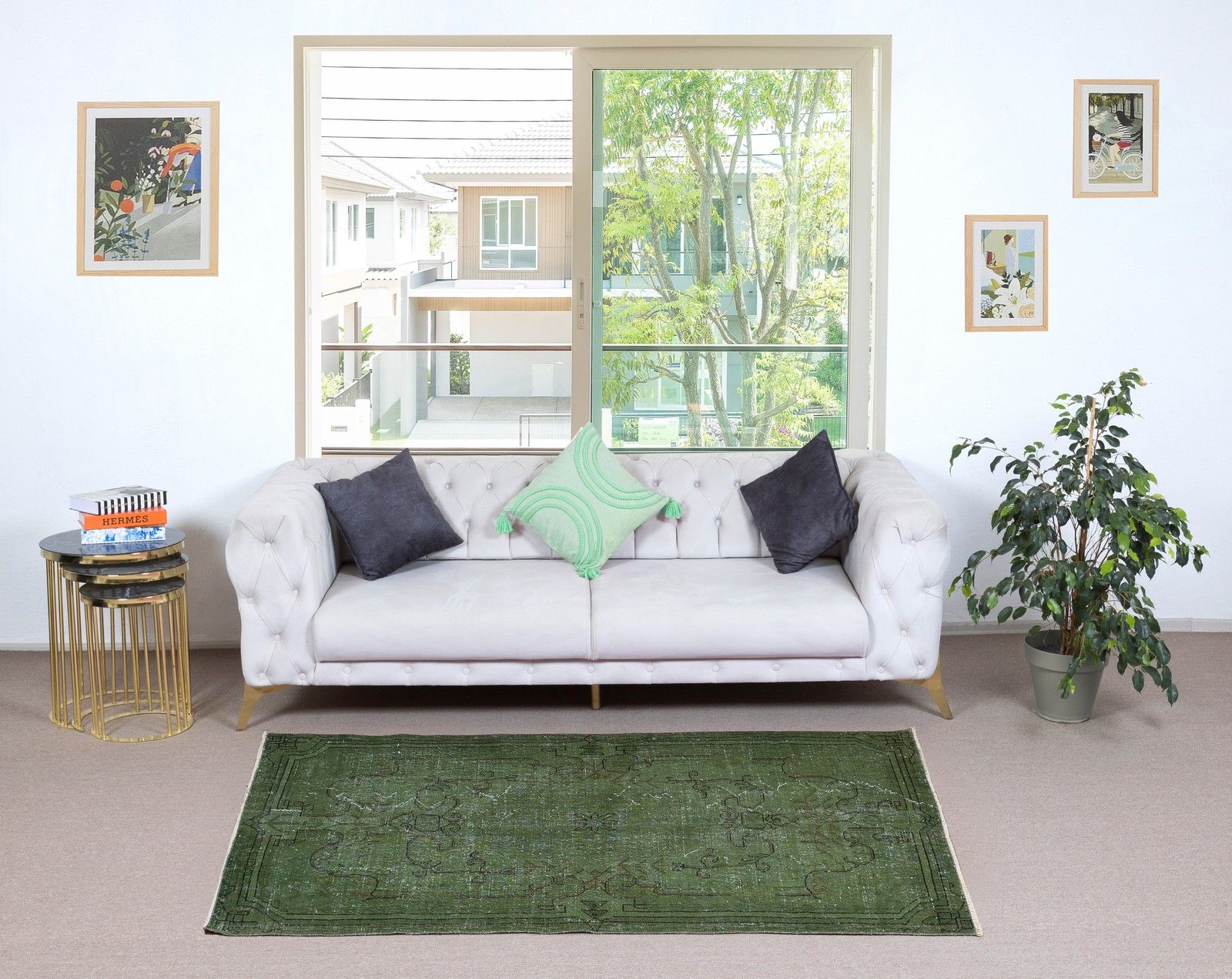 3.7x6.7 Ft Vintage Rug Overdyed In Green For Modern Interior. Handmade In Turkey photo furniture