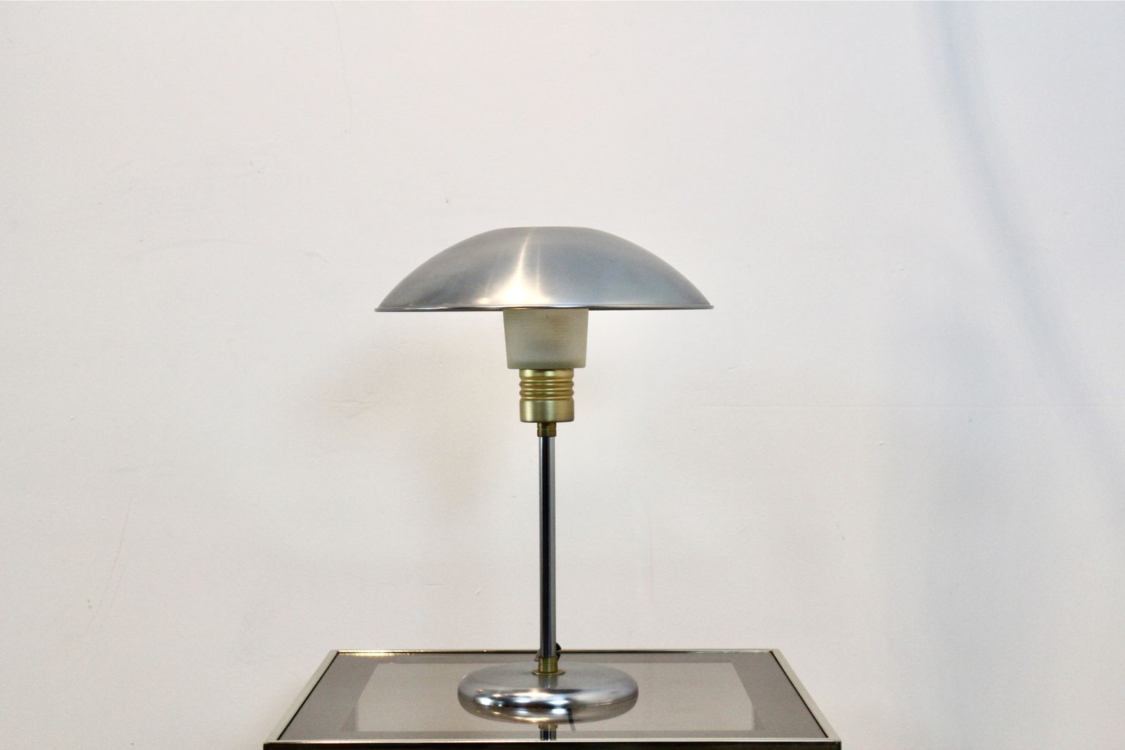 Elegant 1950s French Modernist Desk Lamp In Brushed Steel And Brass Accents photo furniture