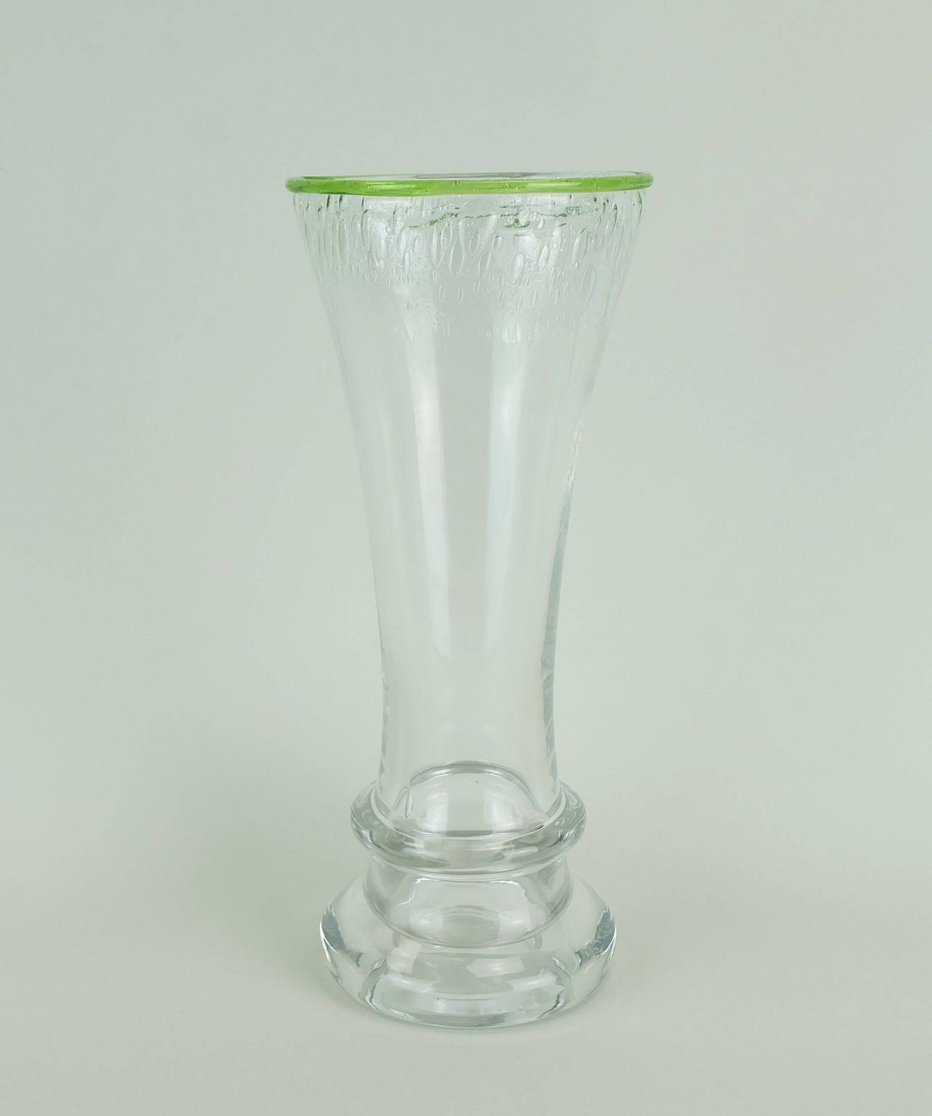 photo for sale 1970s Glass Vase By Eisch Thick Clear Glass And Bubble Glass Green Rim