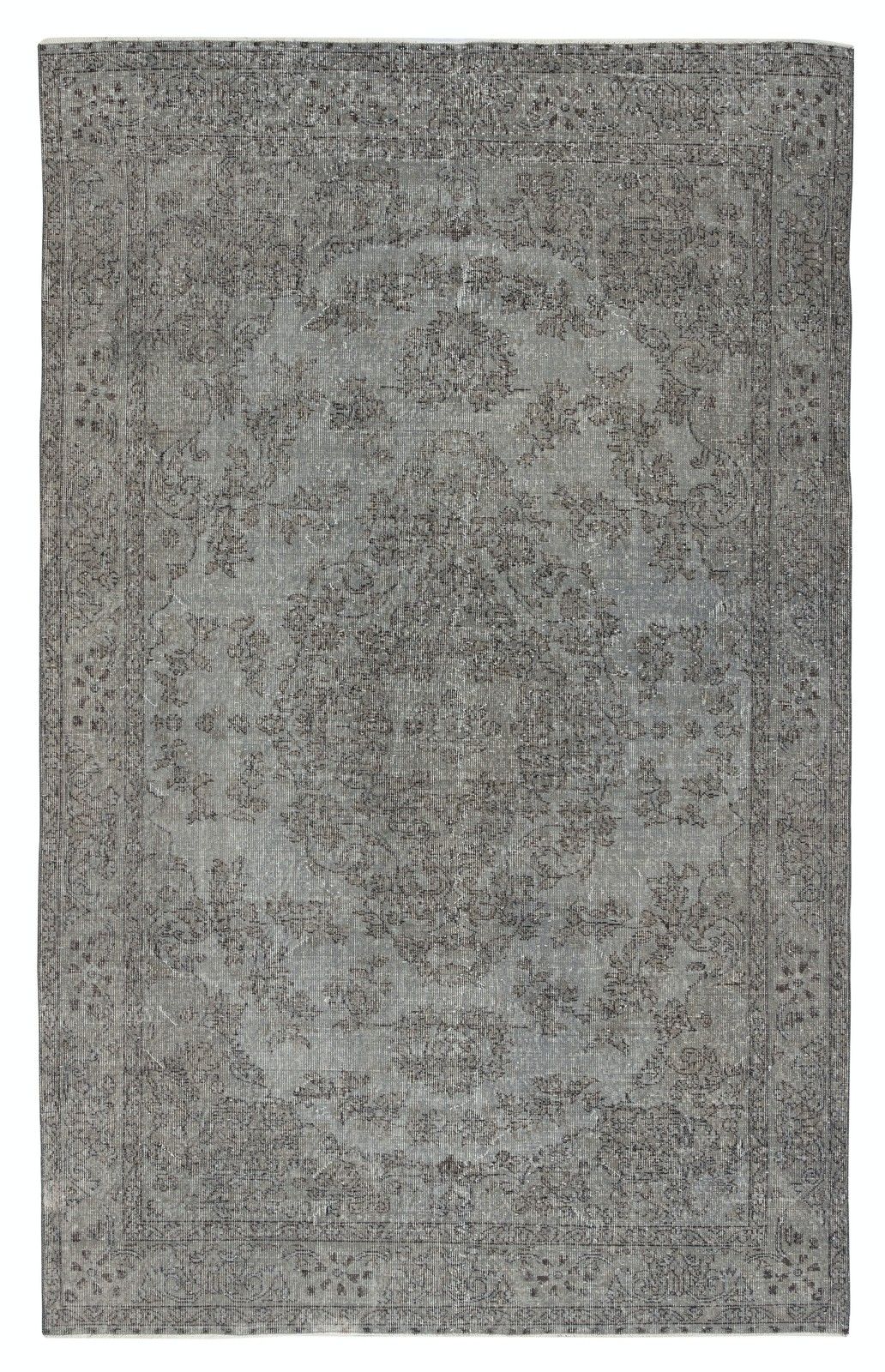 6.3x10 Ft Gray Overdyed Vintage Rug For Modern Interiors. Handknotted In Turkey