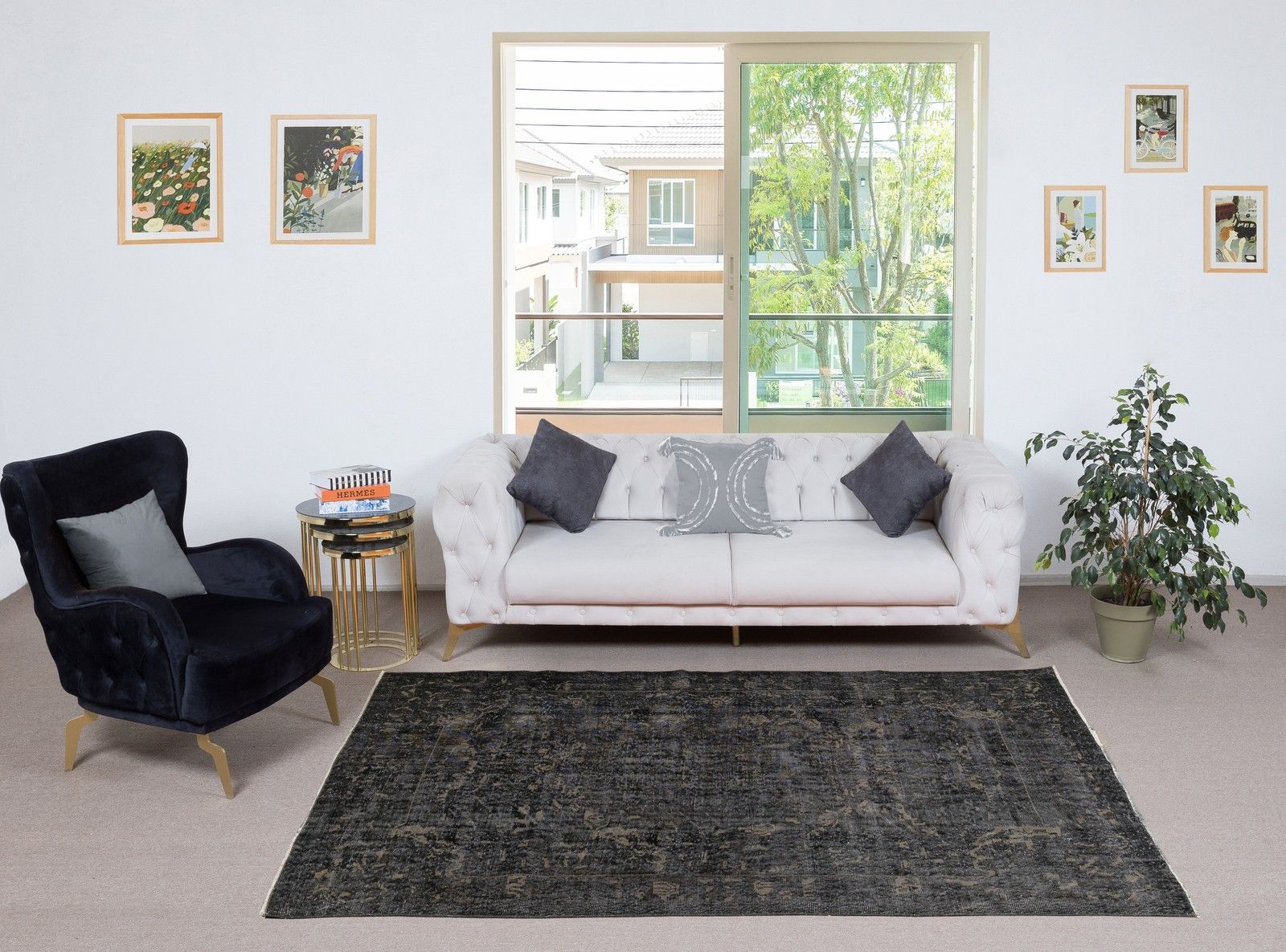 5.6x8.6 Ft Vintage Rug Overdyed In Black For Modern Interior. Handmade In Turkey photo furniture