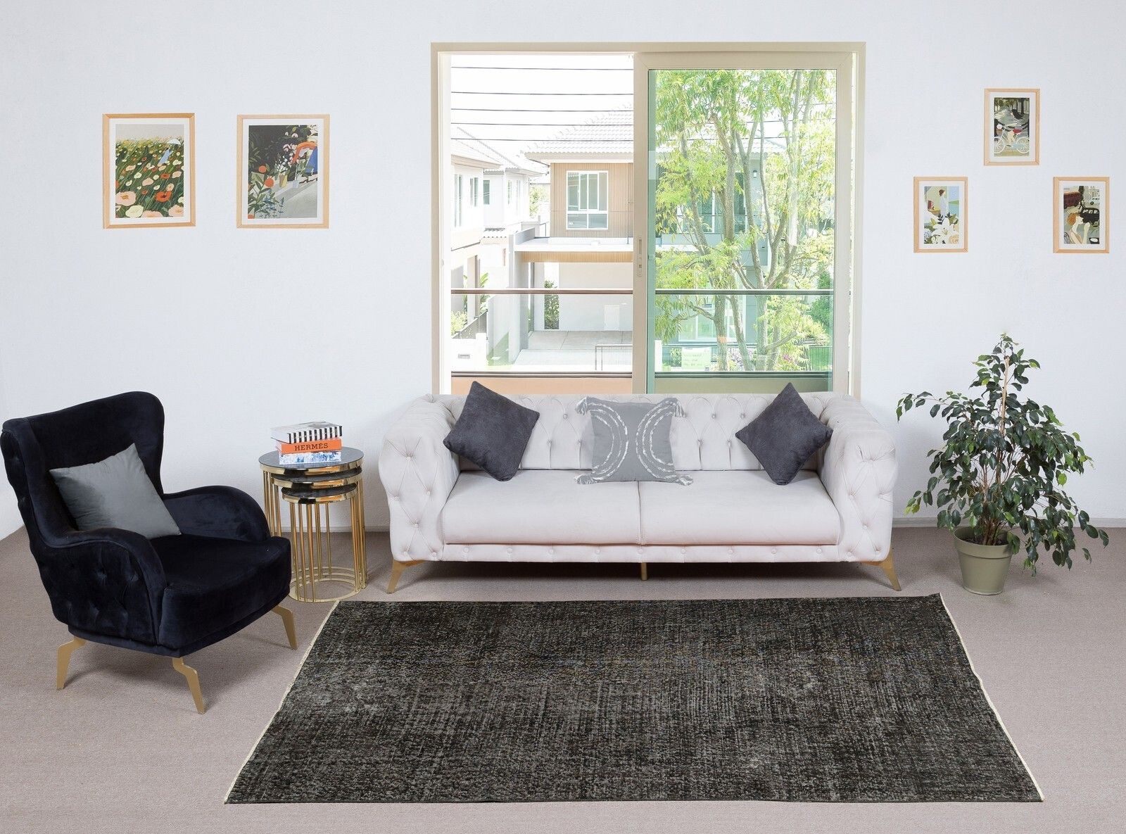 5.3x8.7 Ft Vintage Handmade Rug Overdyed In Black For Contemporary Interiors photo furniture