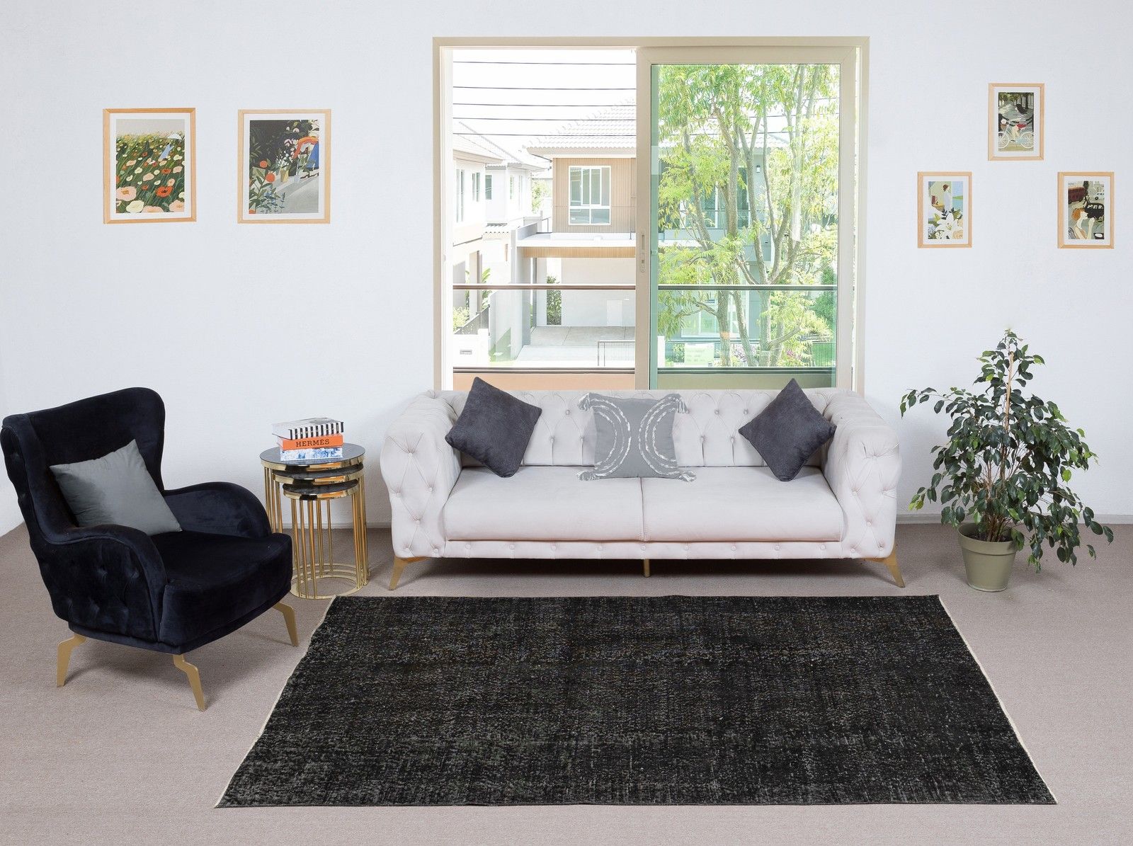 5.6x9 Ft Plain Black Overdyed Area Rug, Handknotted And Handwoven In Turkey photo furniture