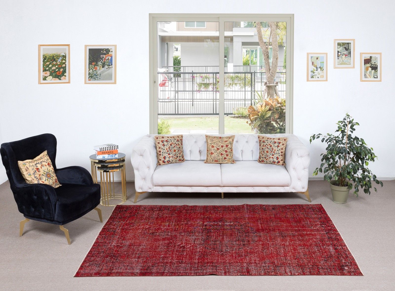 5.5x9 Ft Vintage Handmade Turkish Rug Overdyed In Red For Modern Interiors photo furniture