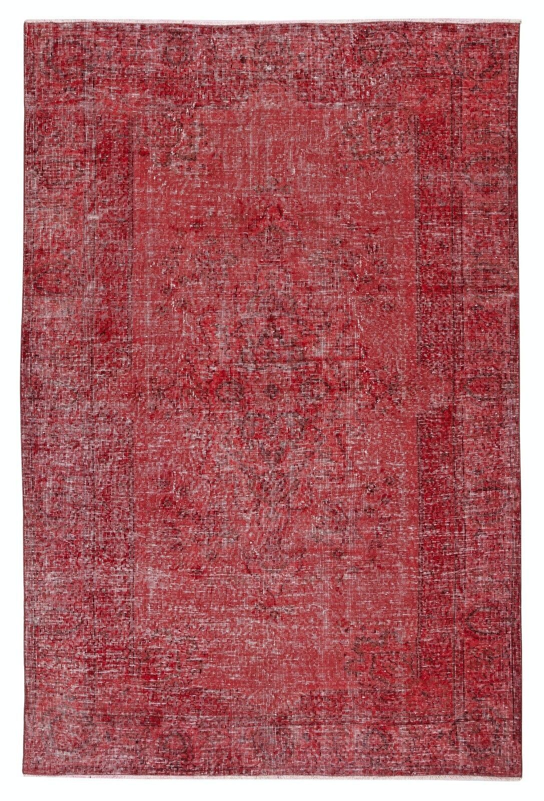 6x9 Ft Vintage Handmade Turkish Wool Area Rug Redyed In Red For Modern Interiors