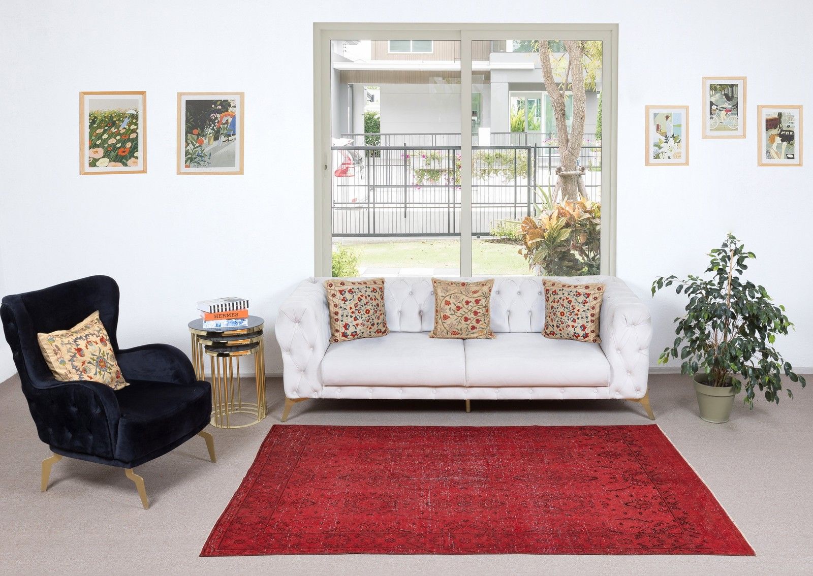 4.6x7.8 Ft Red Handmade Turkish Area Rug. Vintage Floral Design Carpet photo furniture