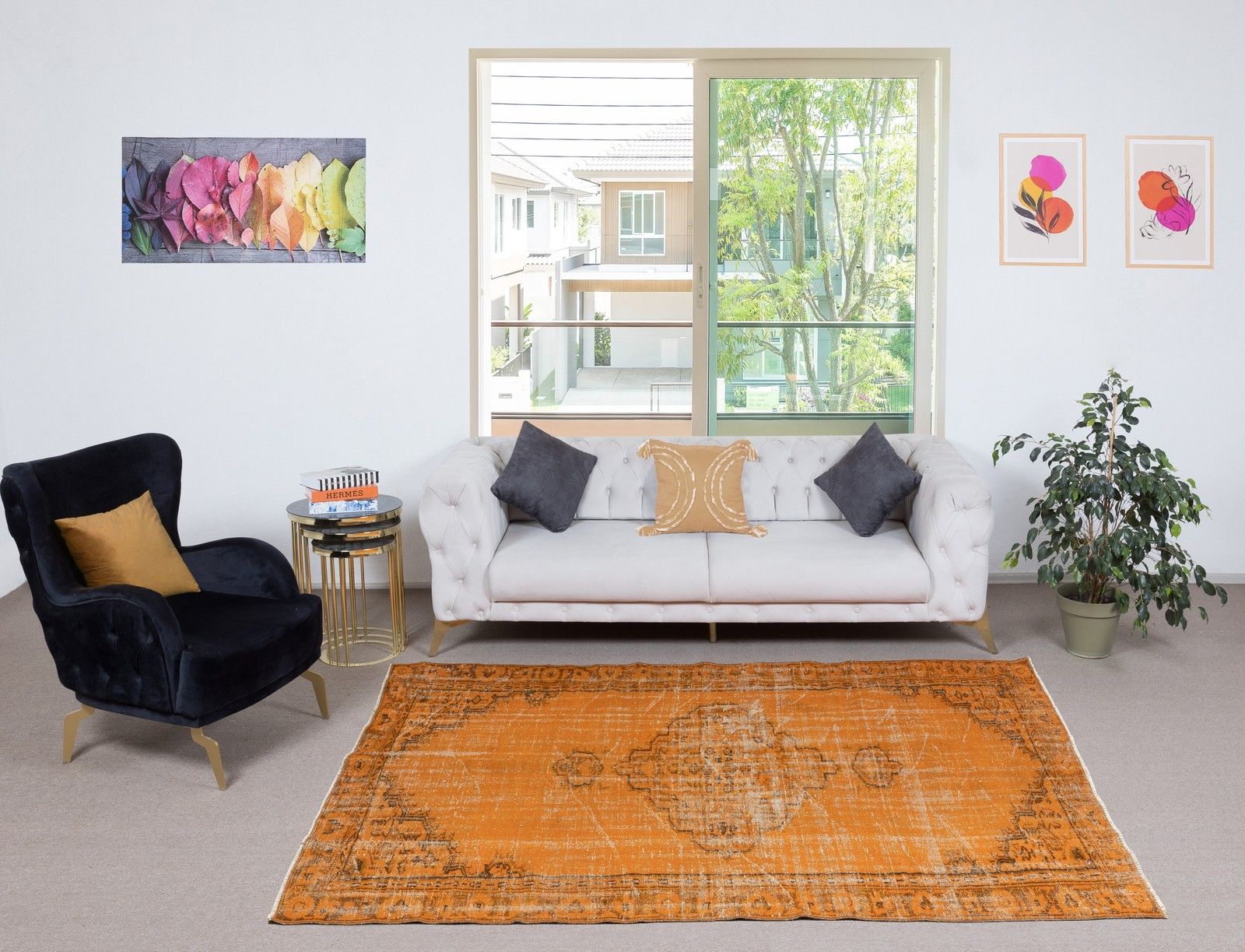 5.6x8.5 Ft Orange Handmade Turkish Rug For Living Room, Bedroom & Dining Room photo furniture